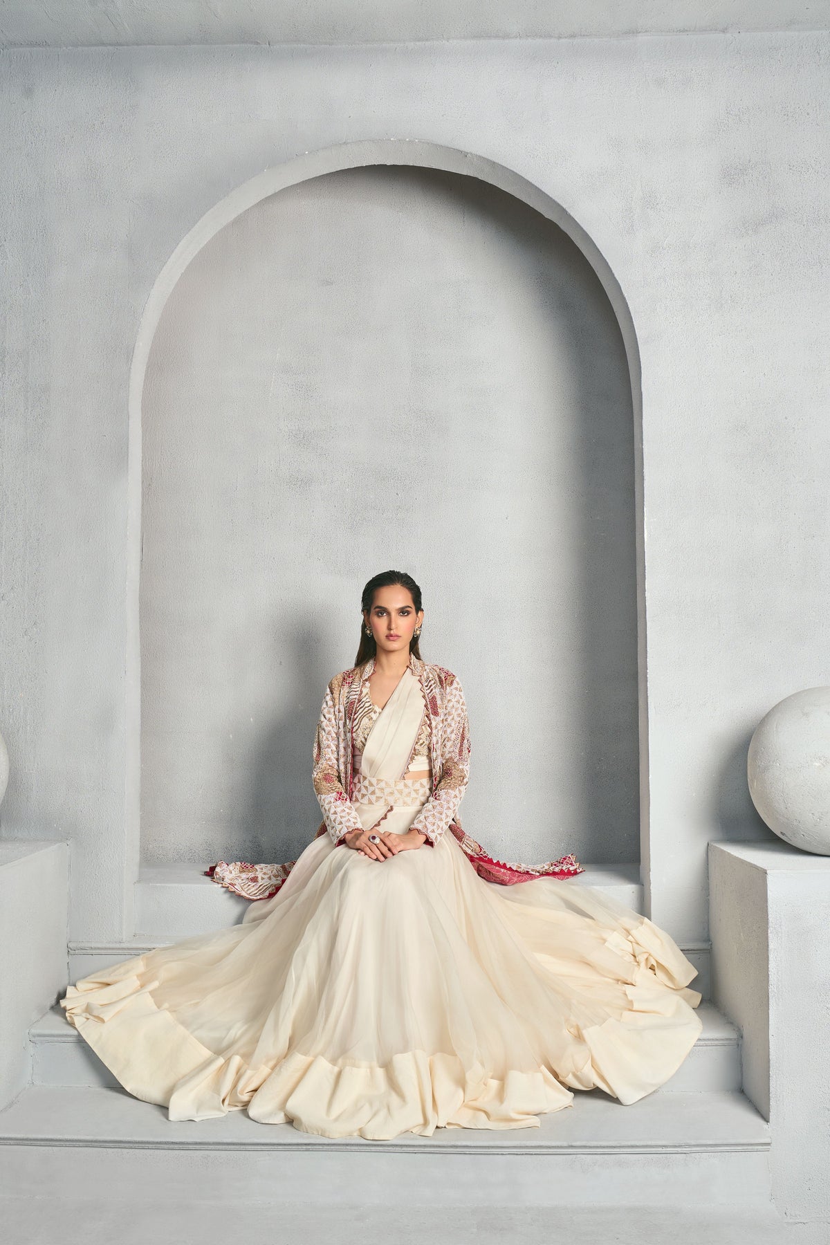 Hand Embellished Ivory Long Jacket Set