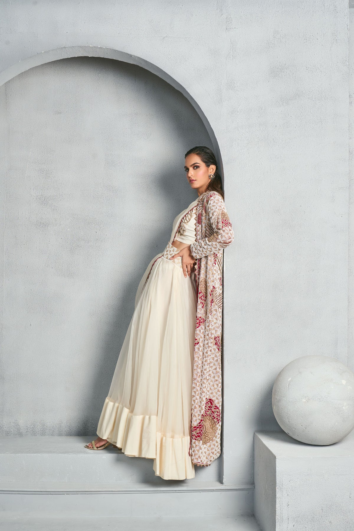 Hand Embellished Ivory Long Jacket Set