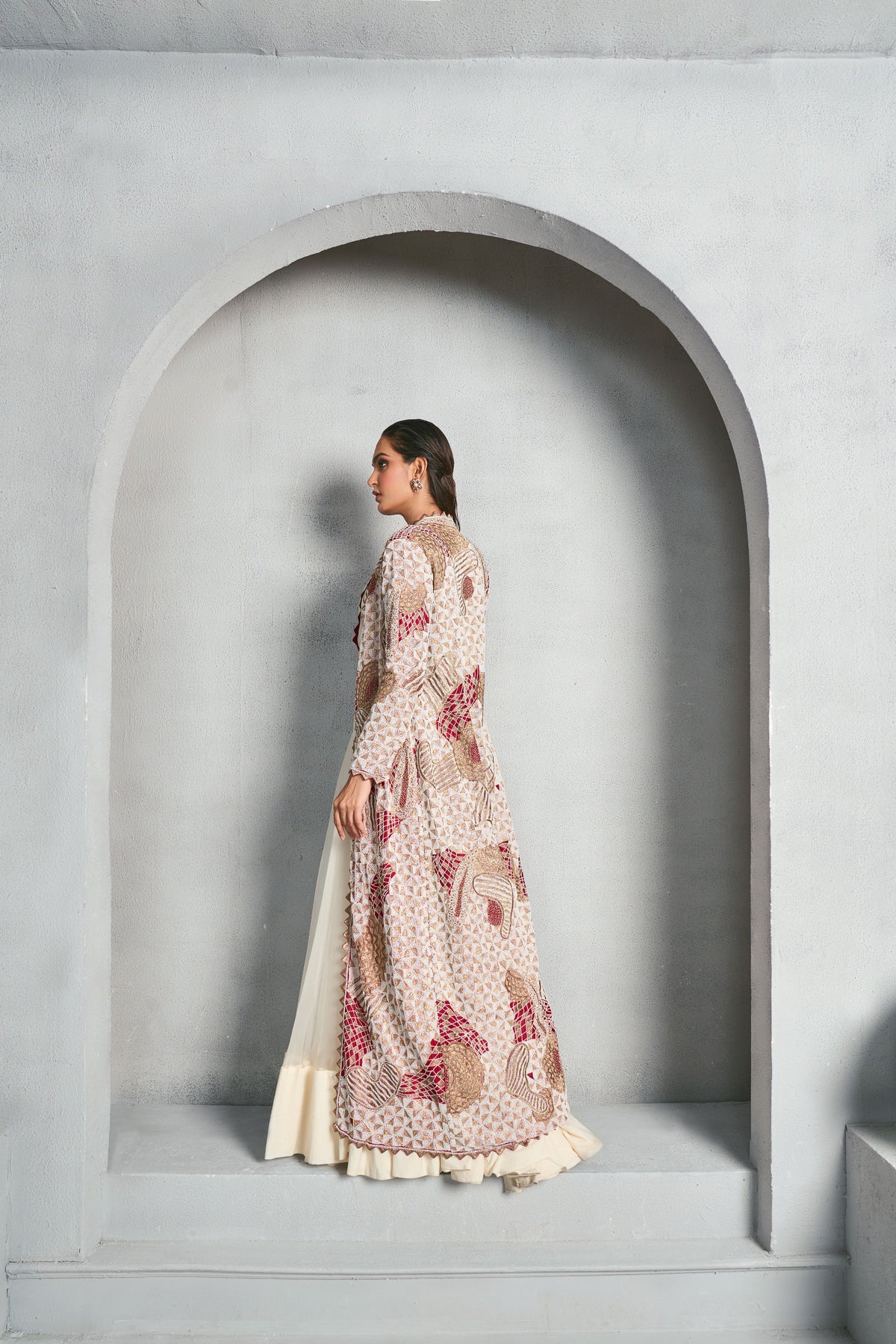 Hand Embellished Ivory Long Jacket Set