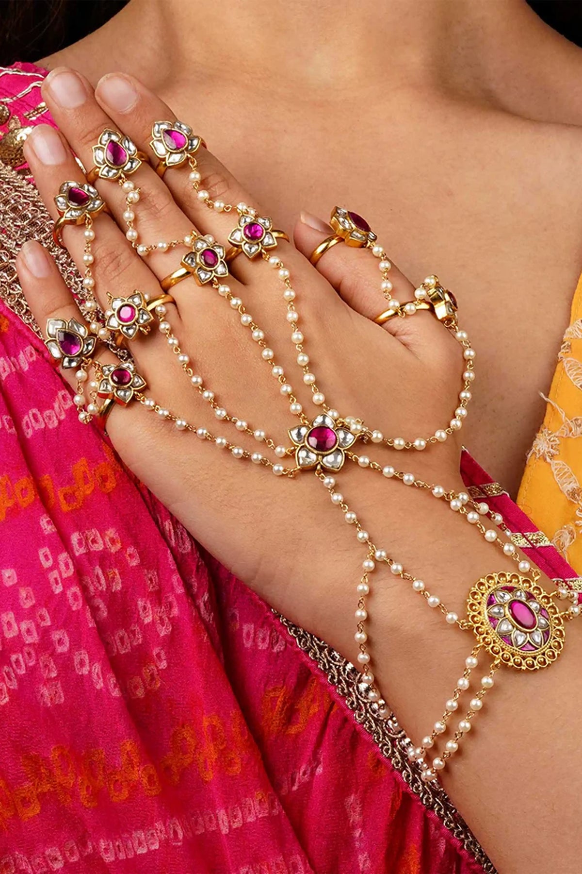 Dark Pink Jadau Kundan Hathphool