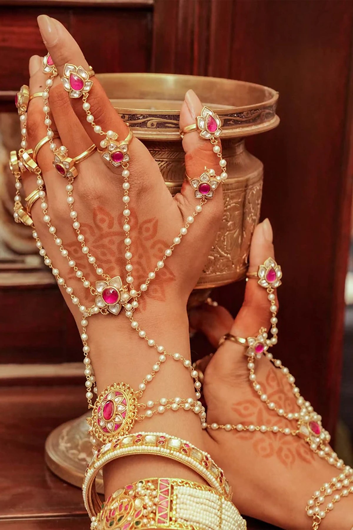 Dark Pink Jadau Kundan Hathphool