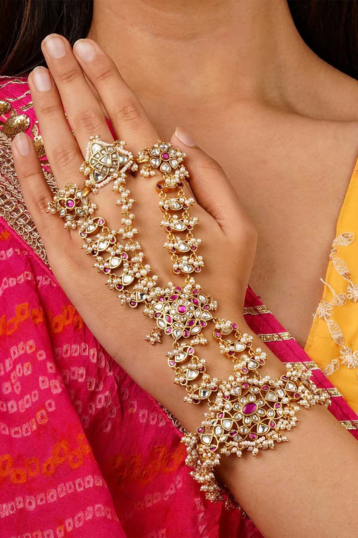 Pink Color Jadau Kundan Hathphool