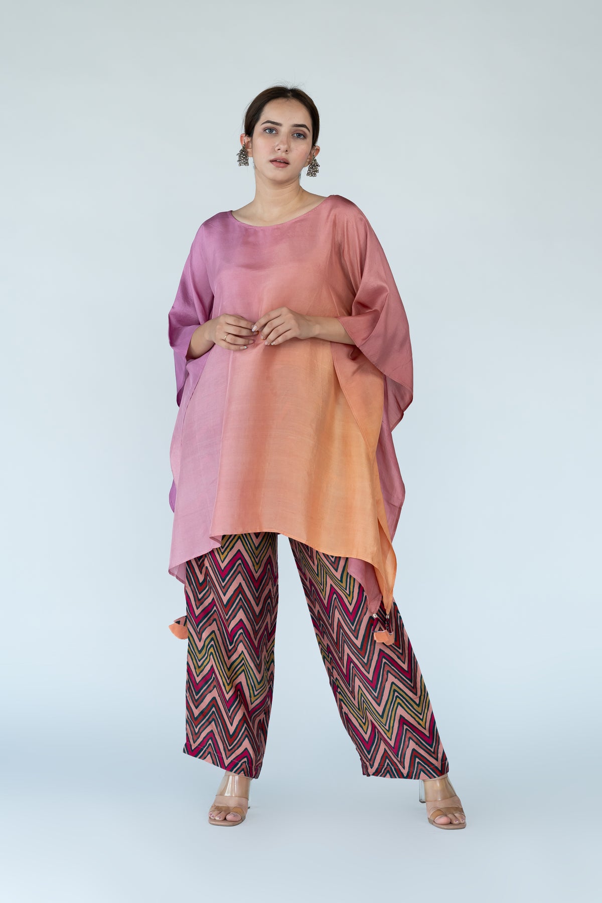 Peach Mauve Ombre Kaftan Top with Zigzag Pants (2pc)