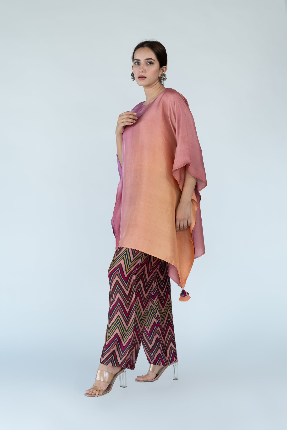 Peach Mauve Ombre Kaftan Top with Zigzag Pants (2pc)