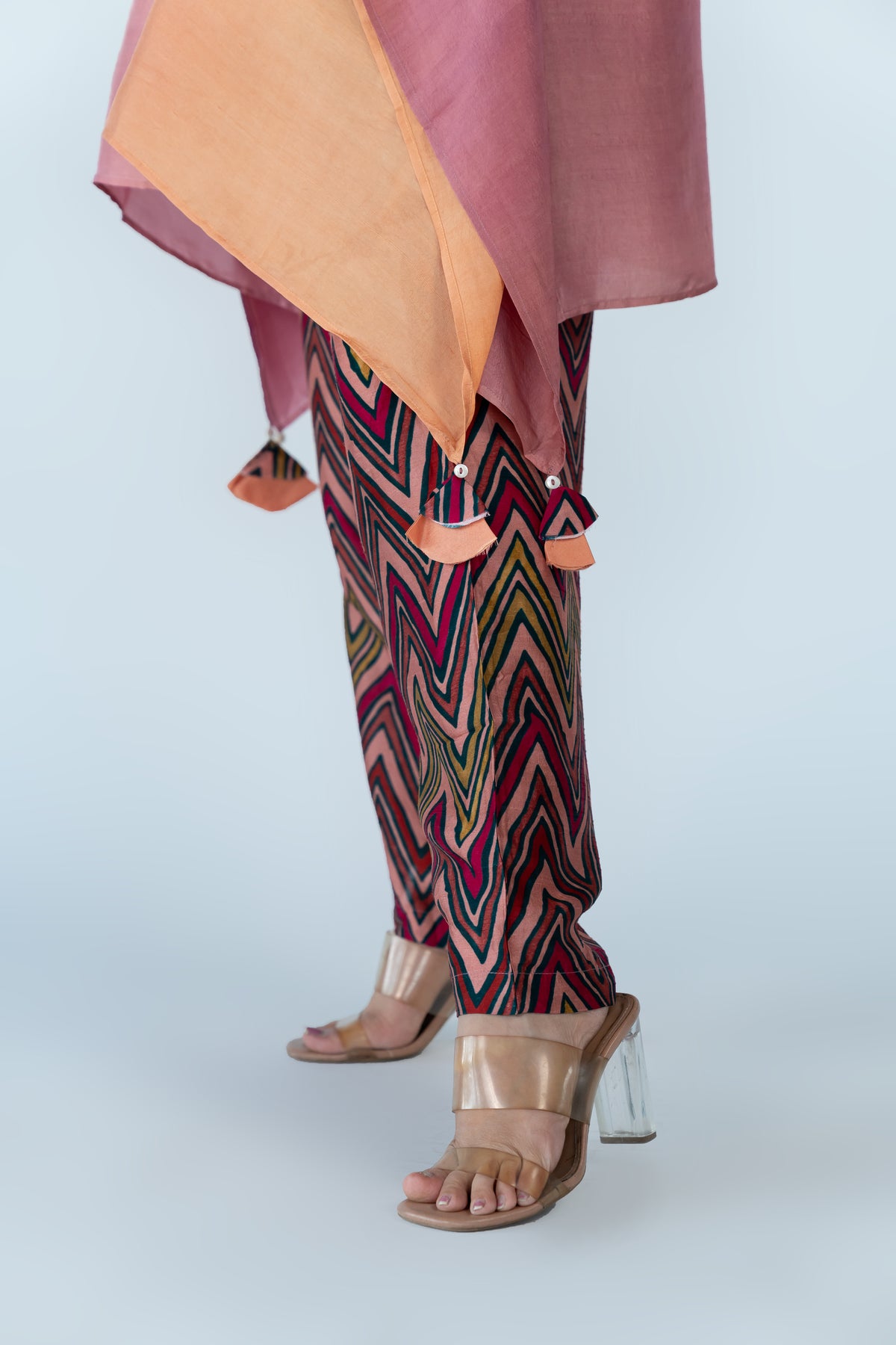 Peach Mauve Ombre Kaftan Top with Zigzag Pants (2pc)