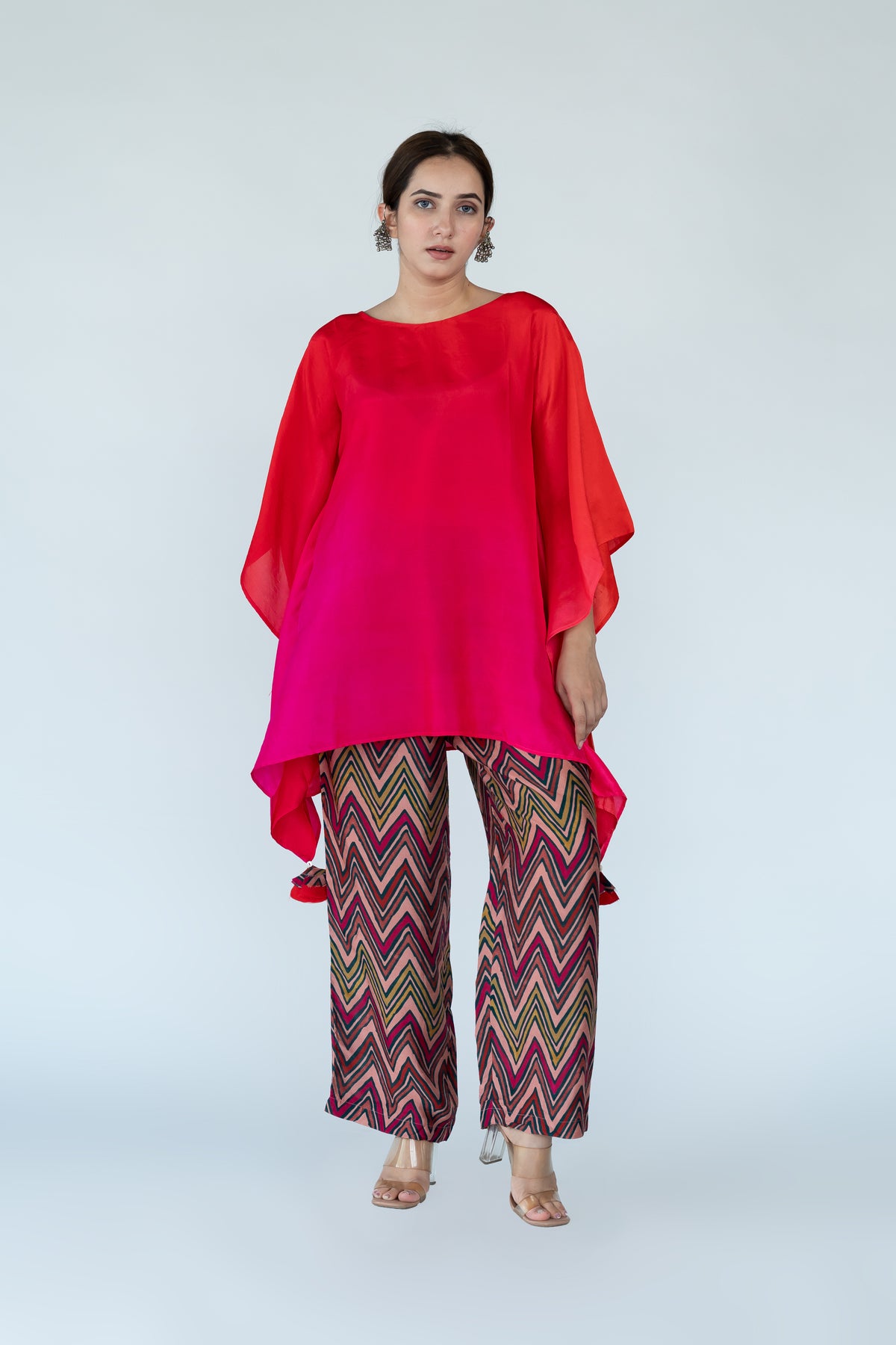 Fuschia Red Ombre Kaftan Top with Zigzag Pants (2pc)