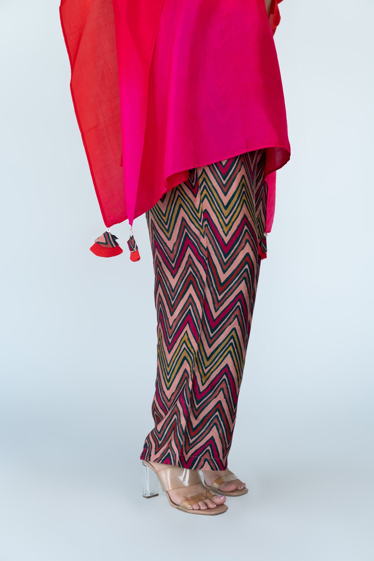 Fuschia Red Ombre Kaftan Top with Zigzag Pants (2pc)