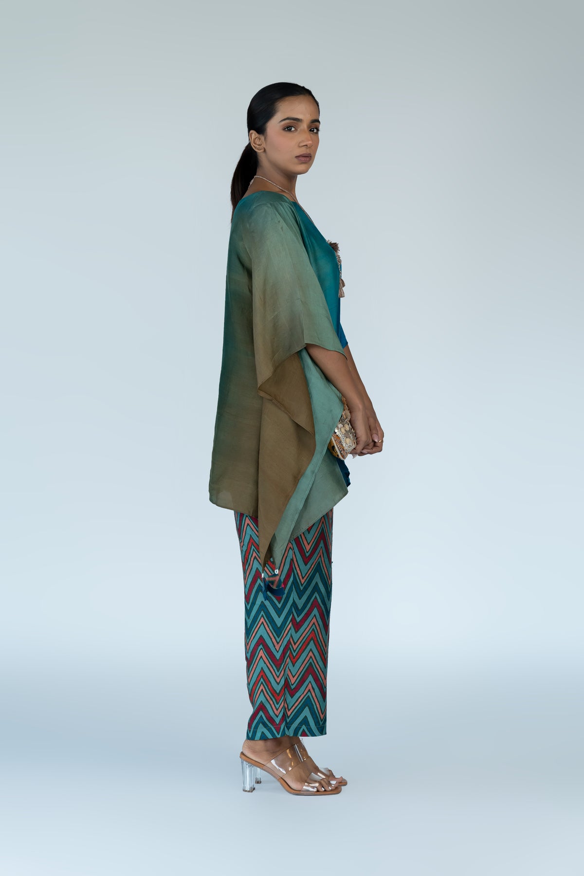 Teal Blue Ombre Kaftan Top with Zigzag Pants (2pc)