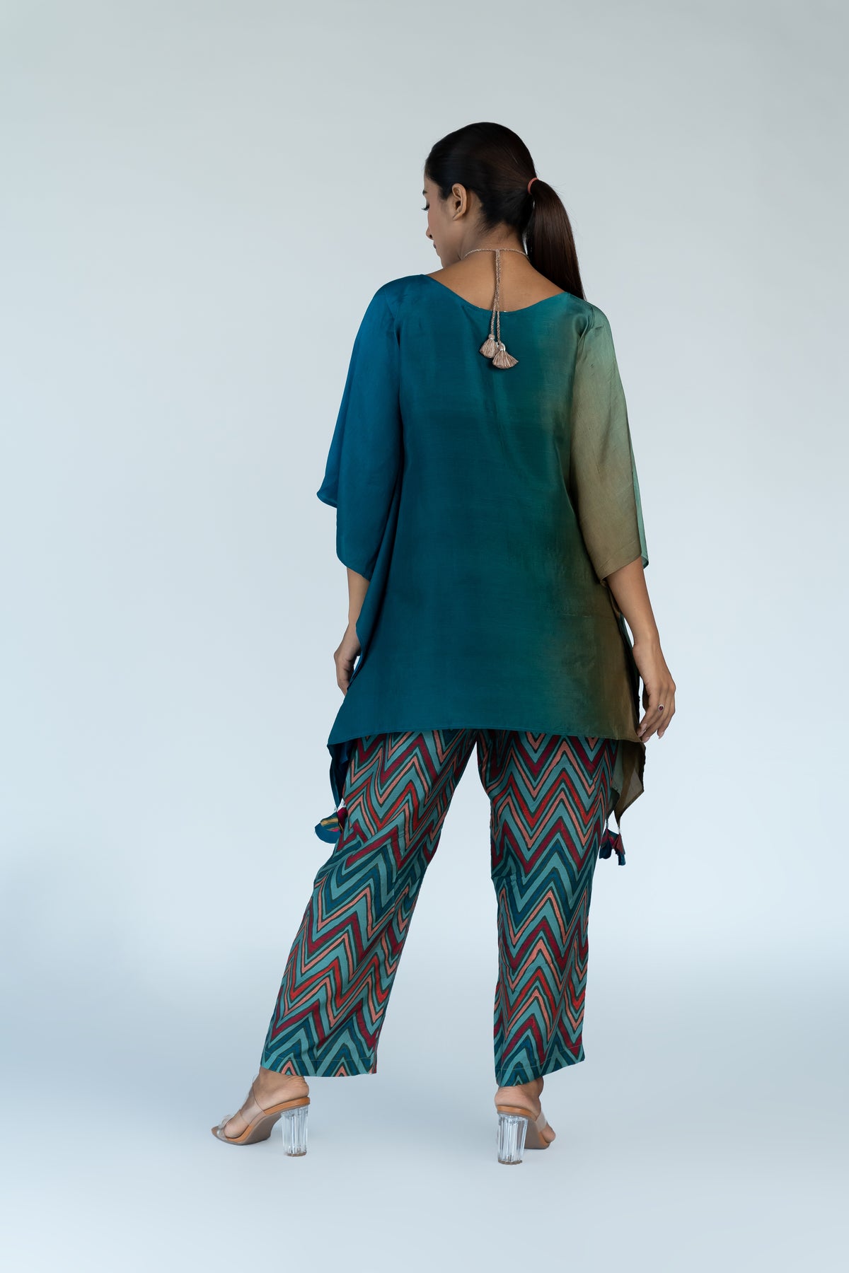 Teal Blue Ombre Kaftan Top with Zigzag Pants (2pc)
