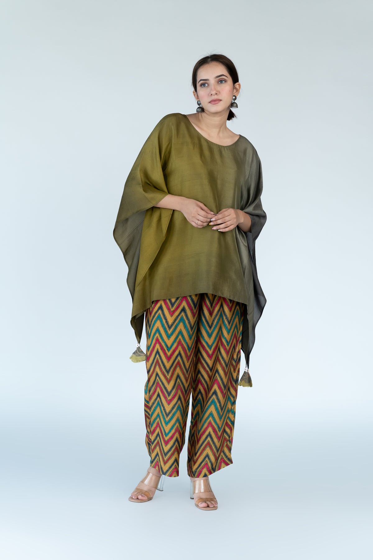 Olive Ombre Kaftan Top with Zigzag Pants (2pc)