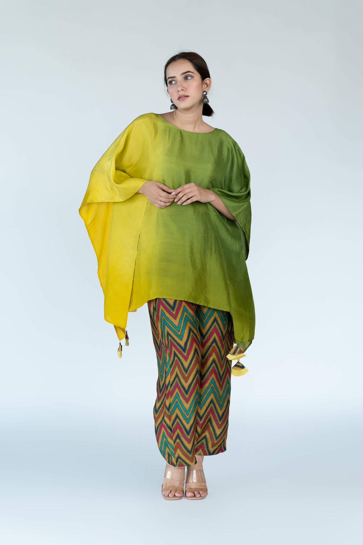 Sage Mustard Ombre Kaftan Top with Zigzag Pants (2pc)