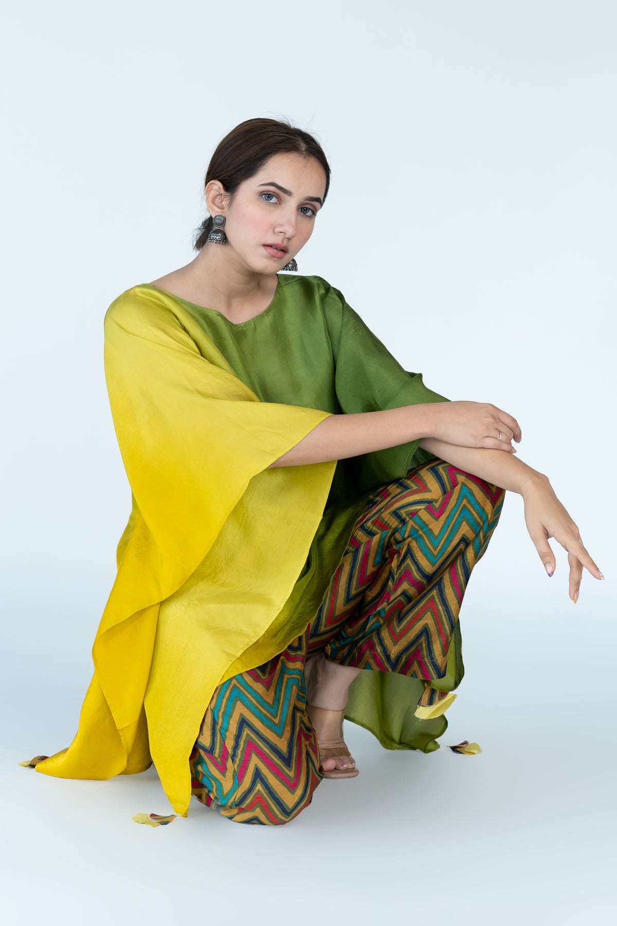 Sage Mustard Ombre Kaftan Top with Zigzag Pants (2pc)