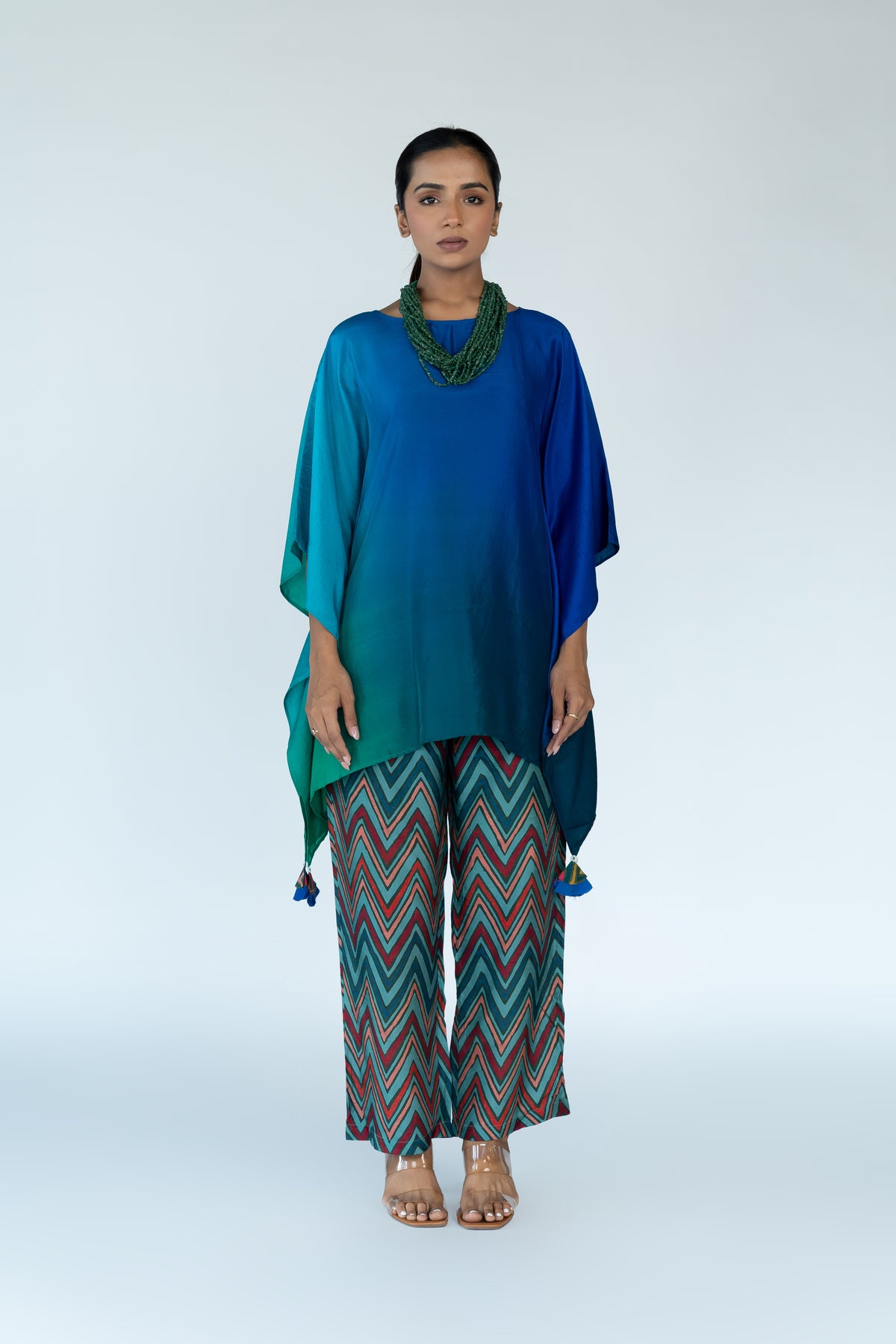 Green Blue Ombre Kaftan Top with Zigzag Pants (2pc)