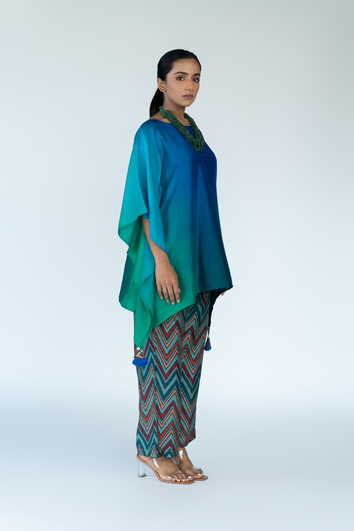 Green Blue Ombre Kaftan Top with Zigzag Pants (2pc)