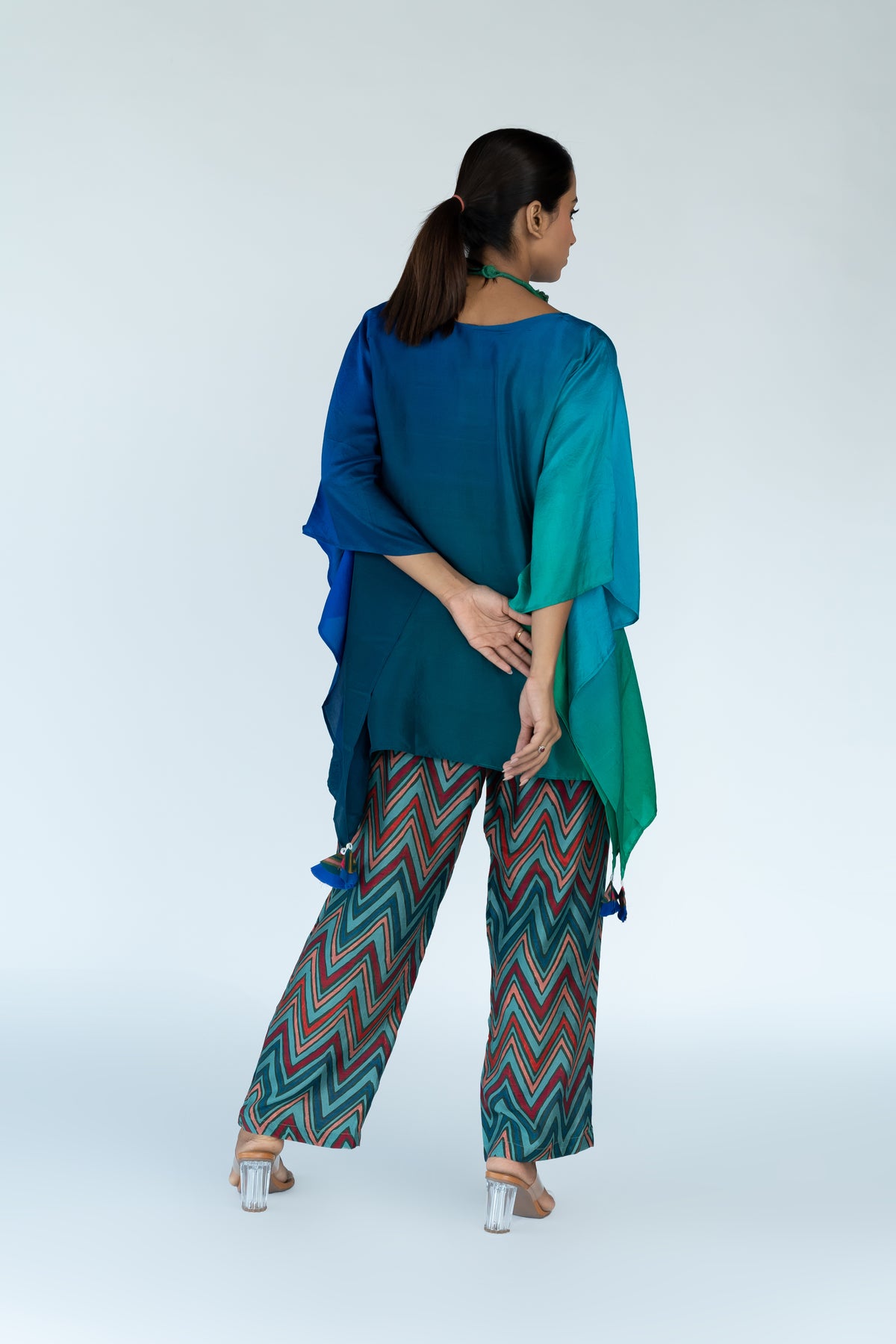 Green Blue Ombre Kaftan Top with Zigzag Pants (2pc)