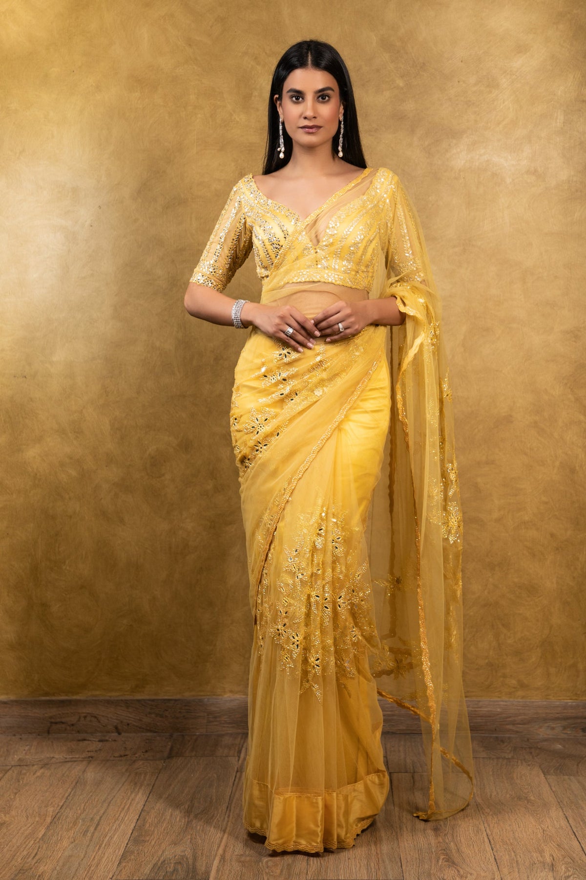 Sunburst Yellow tulle Saree