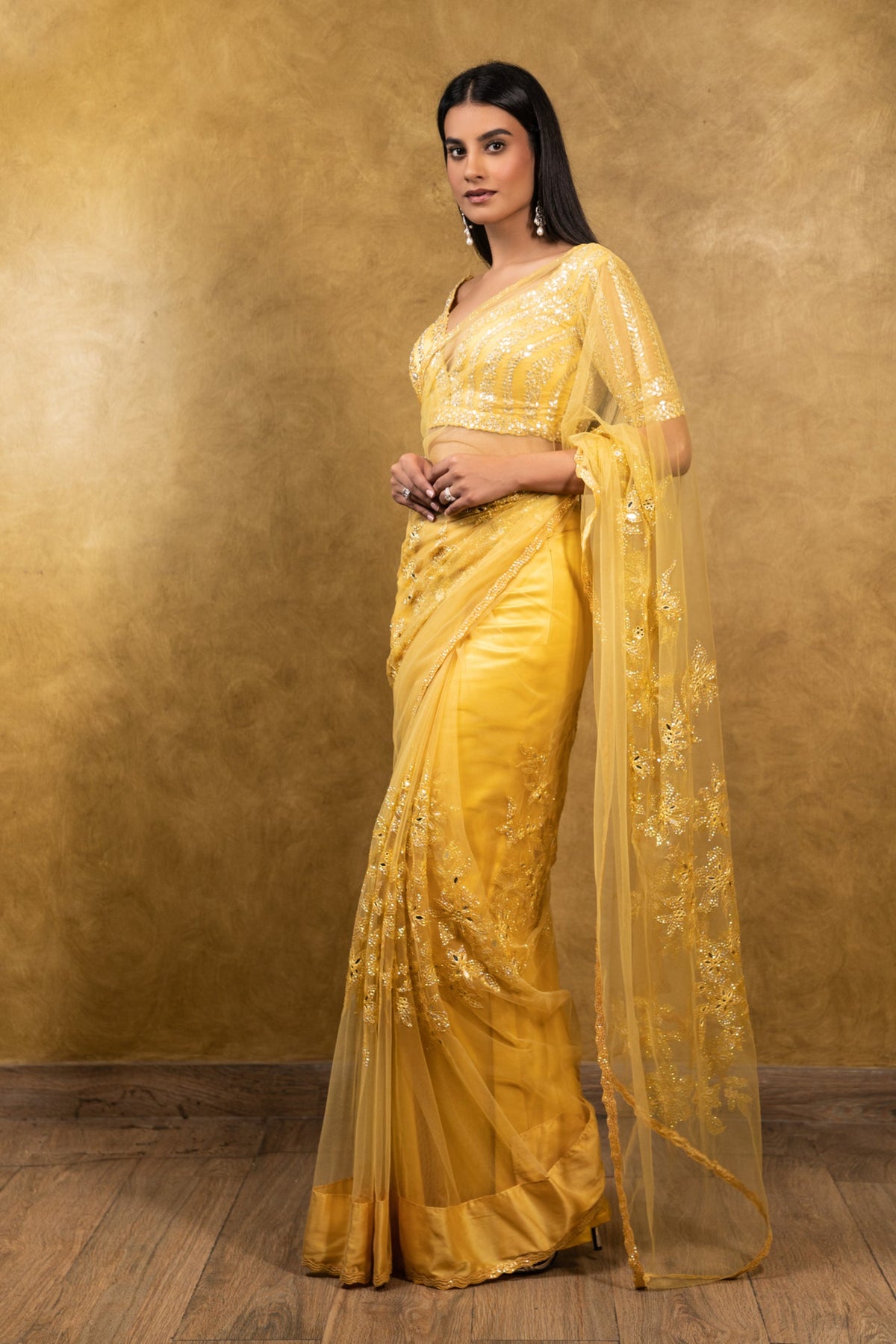 Sunburst Yellow tulle Saree