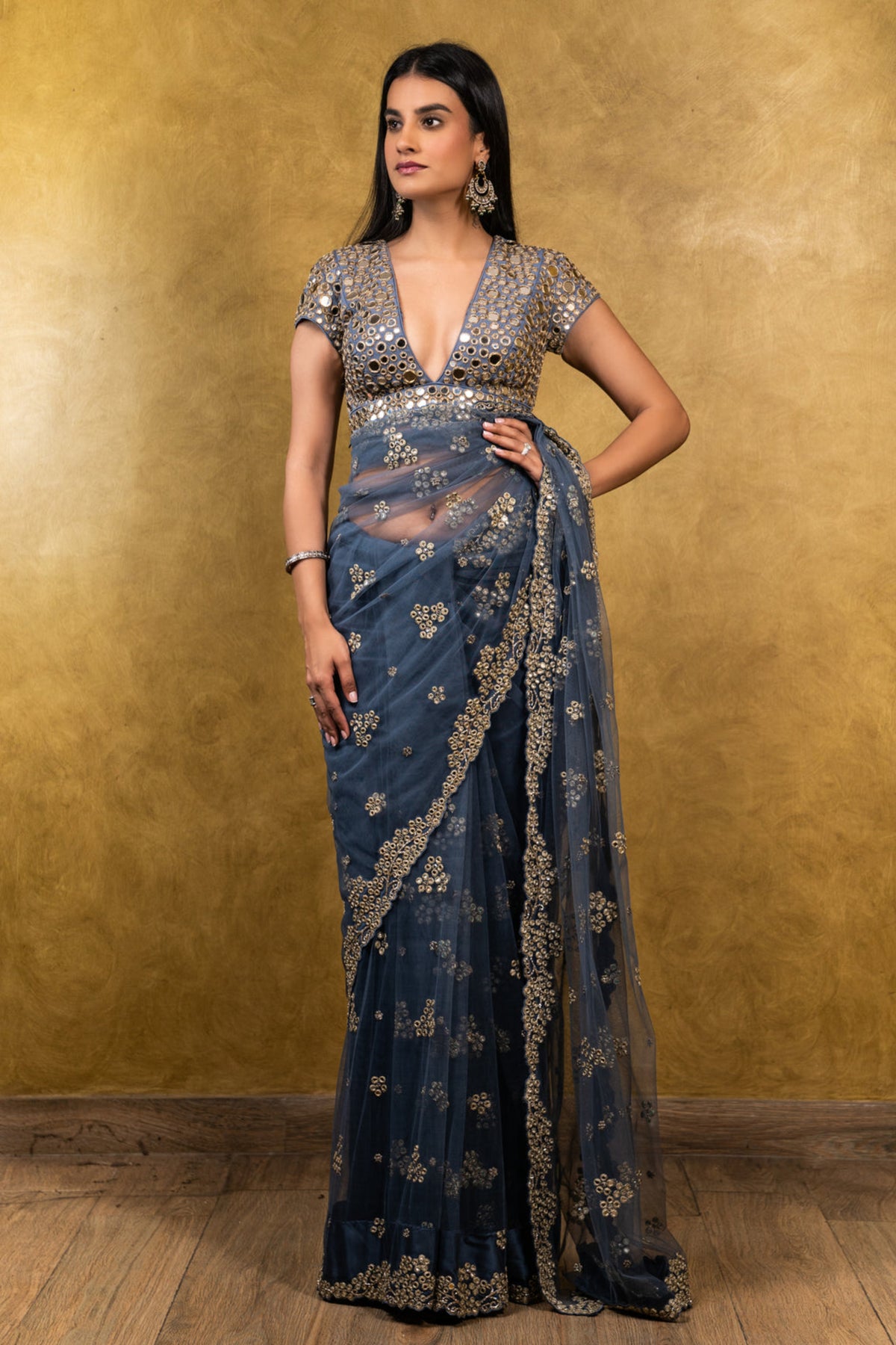 Stone Blue Tulle Saree