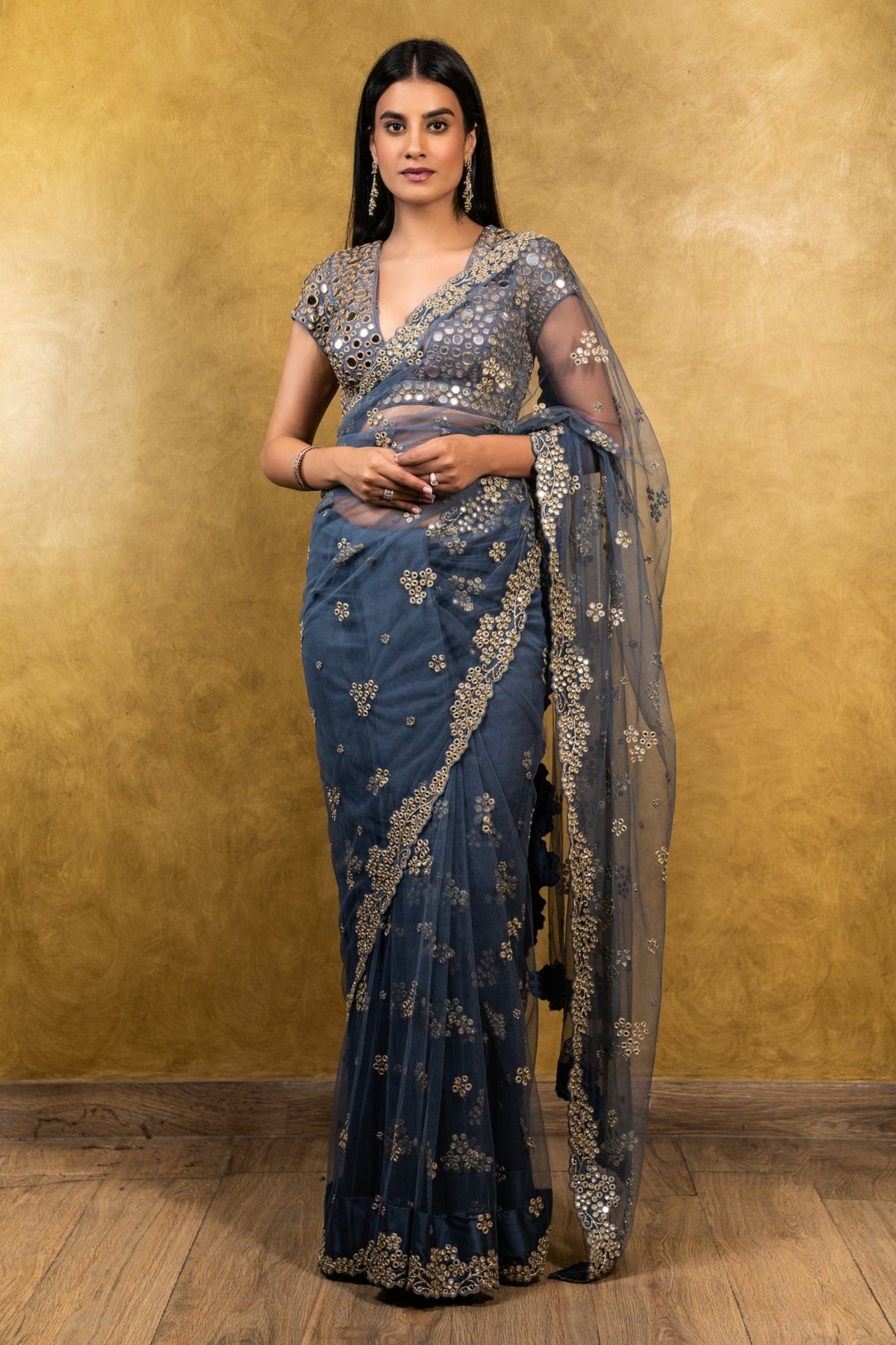 Stone Blue Tulle Saree