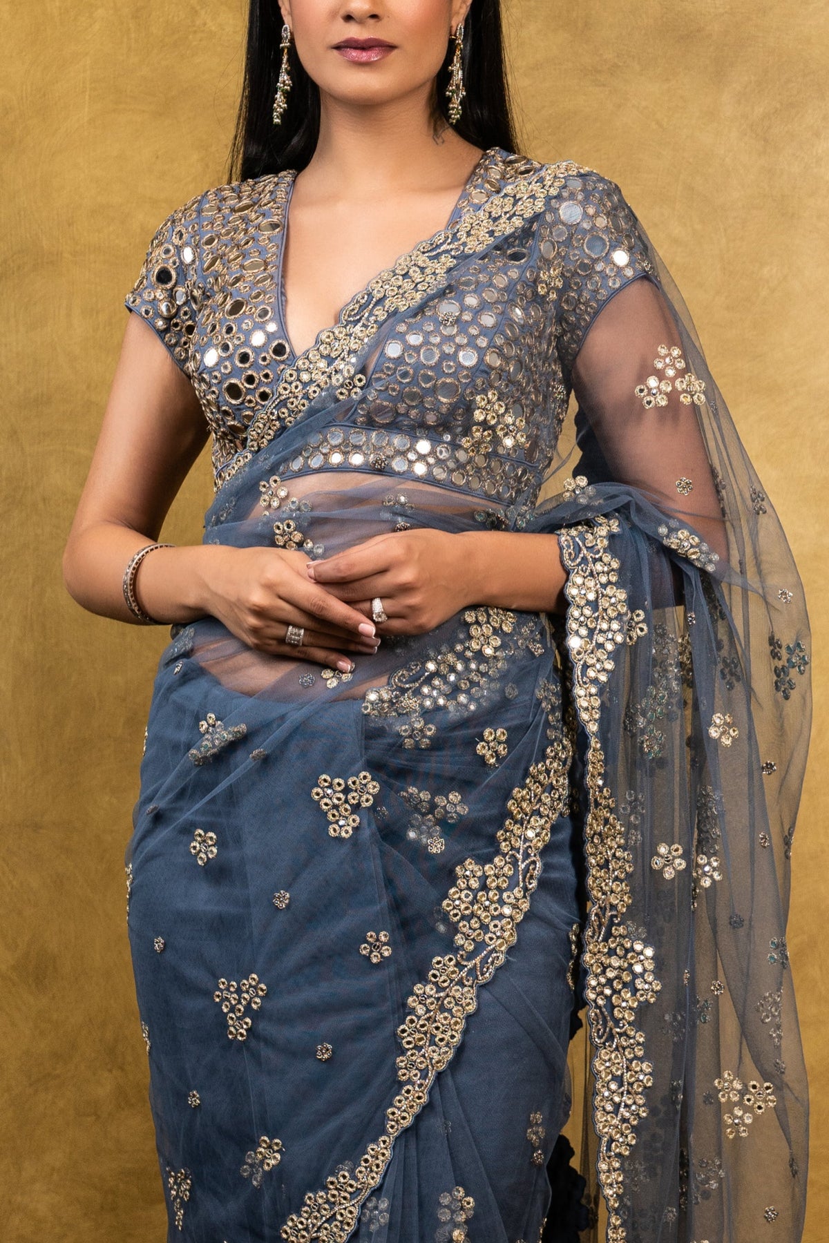 Stone Blue Tulle Saree