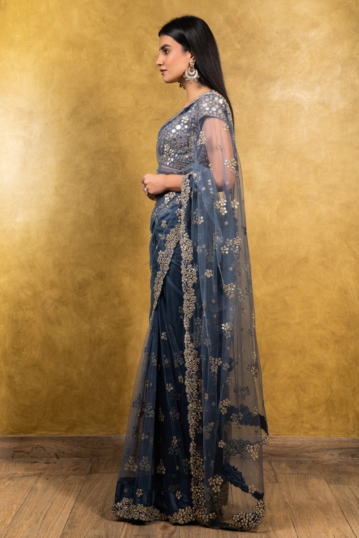 Stone Blue Tulle Saree