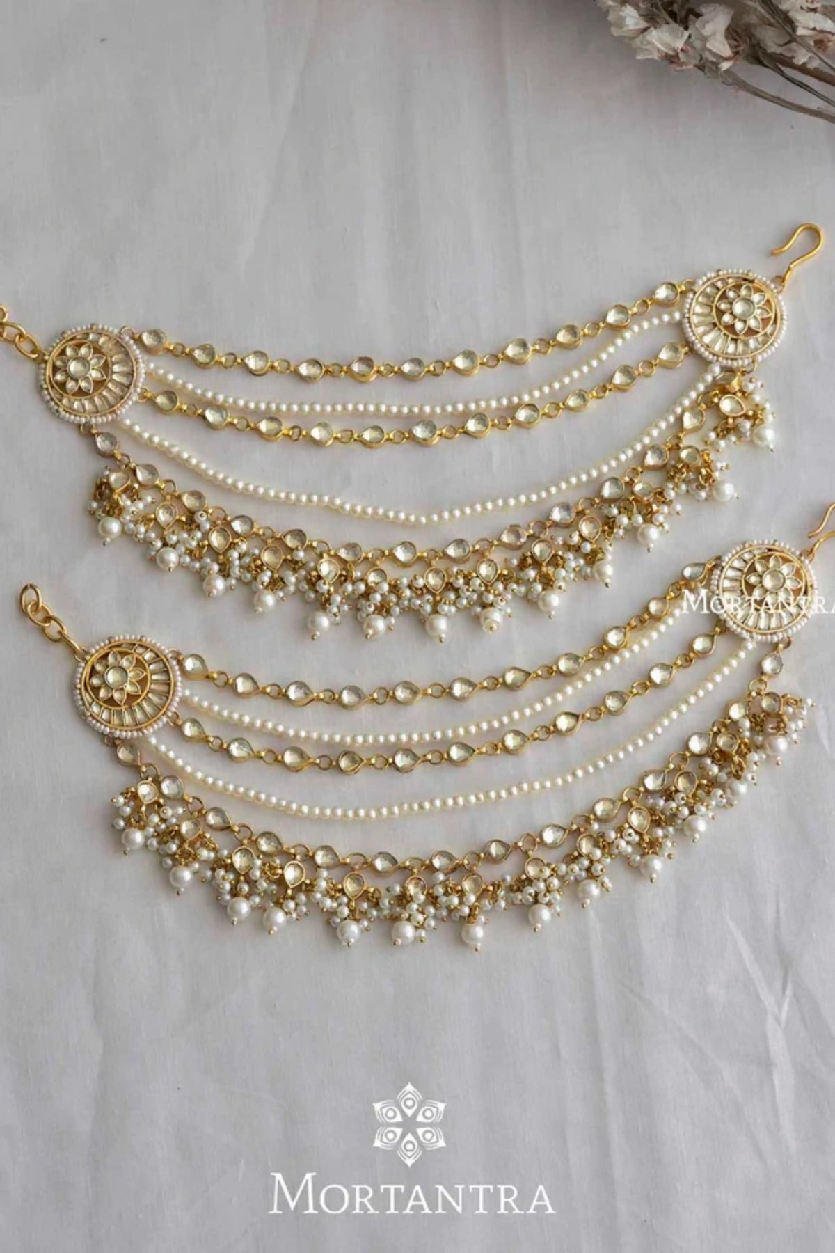 White Color Gold Plated Jadau Kundan Earchains