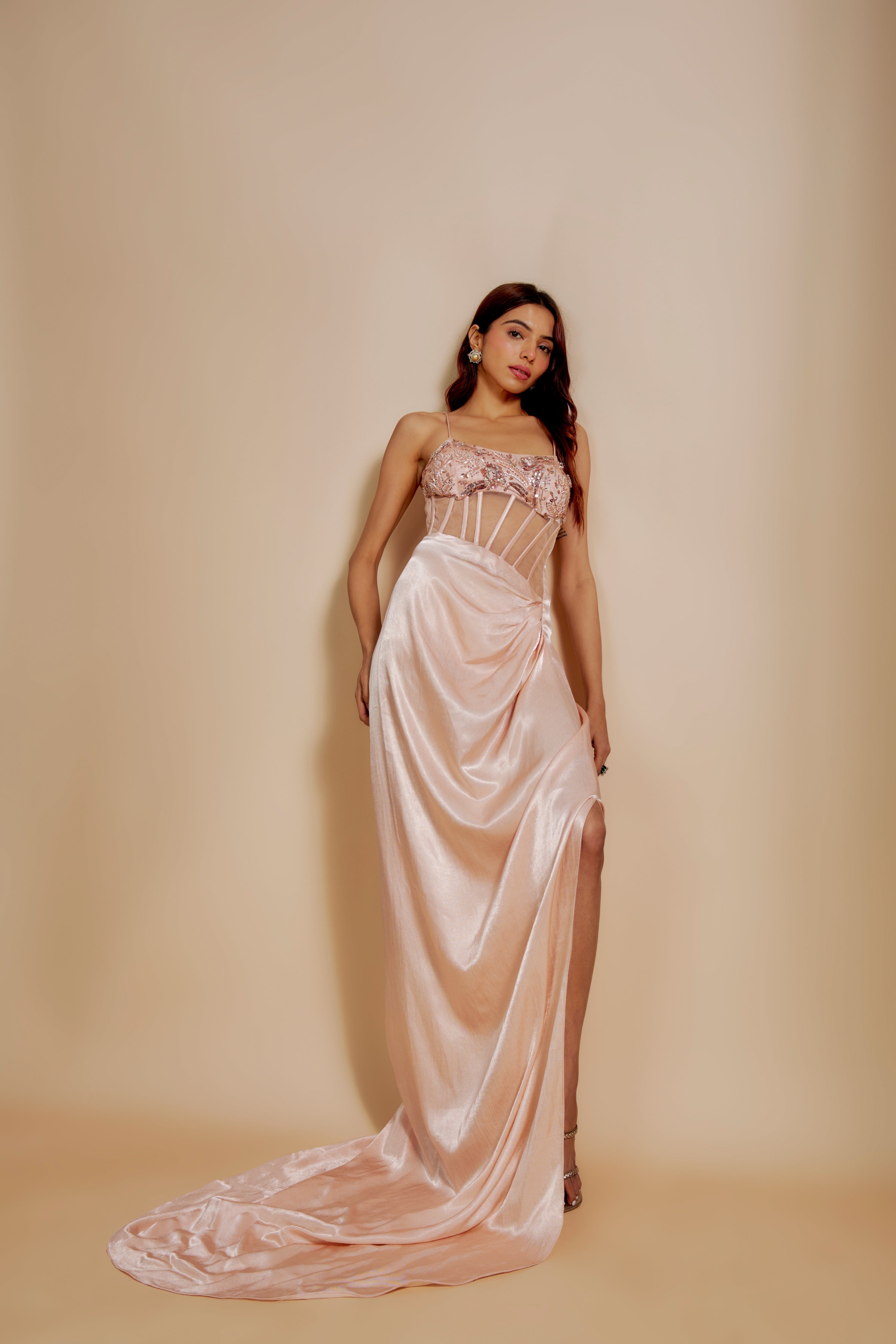 Masumi Mewawalla - Peach Embroidered Drape Corset Dress - Elahe