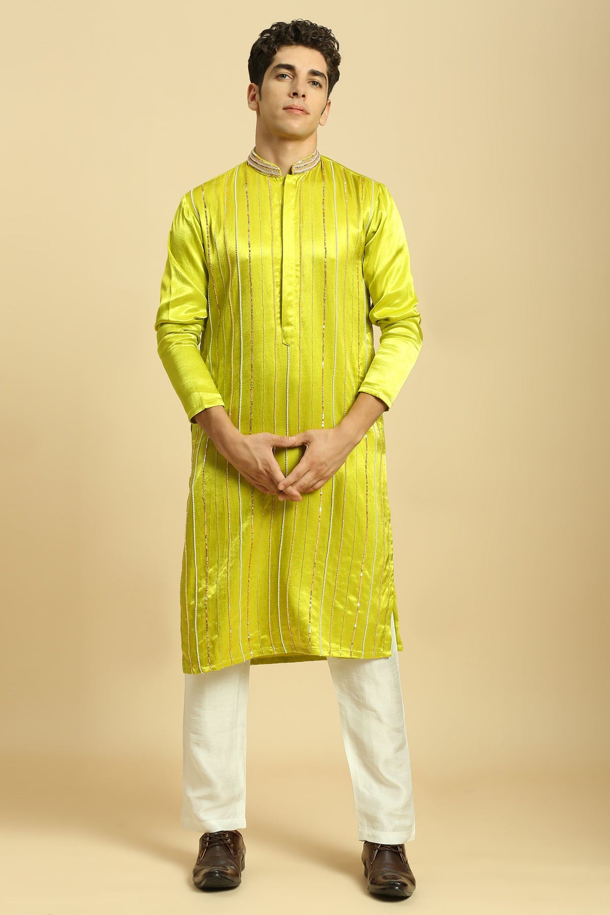 Neon green Embroidered Kurta With White Pant