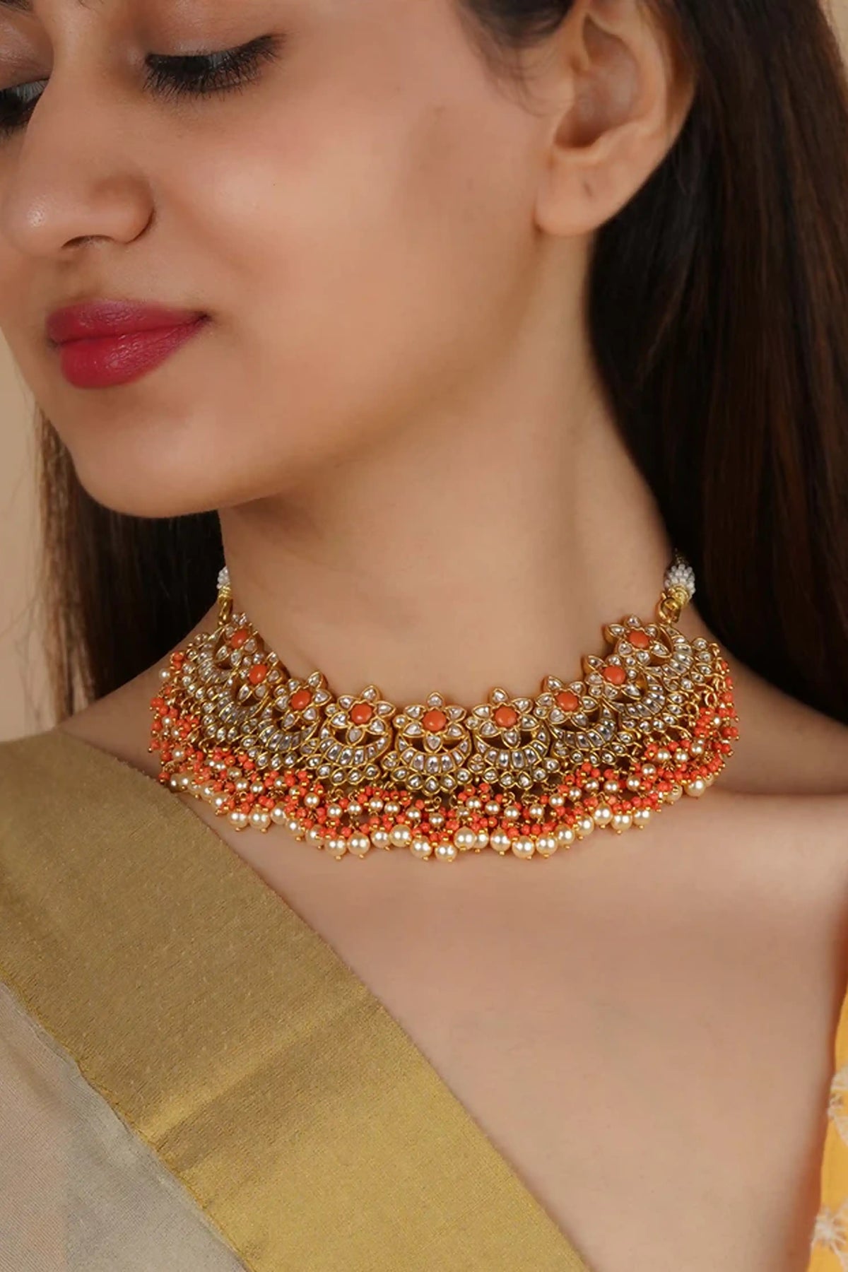 Orange Color Jadau Kundan Necklace