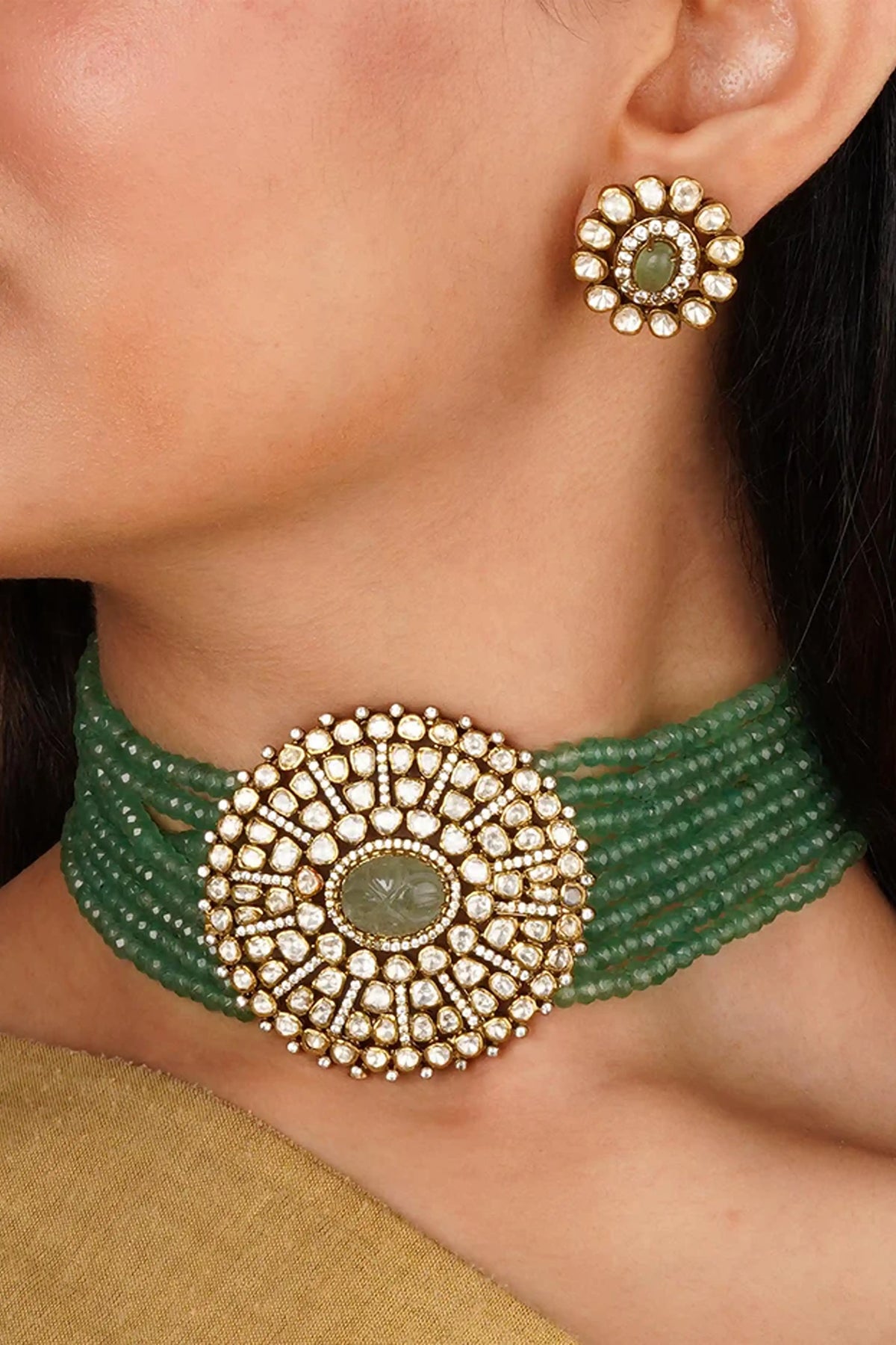 Green Color Moissanite Necklace Set