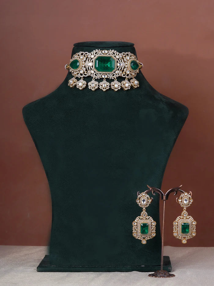 Green Color Moissanite Necklace Set
