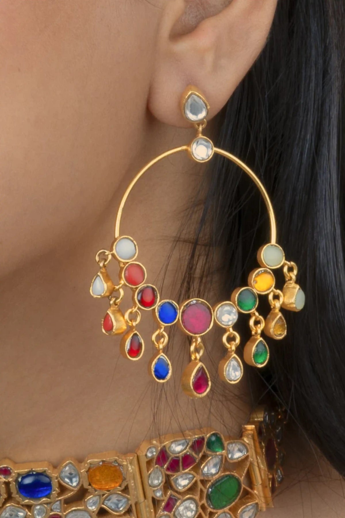 Navratna Gold Plated Jadau Kundan Necklace Set