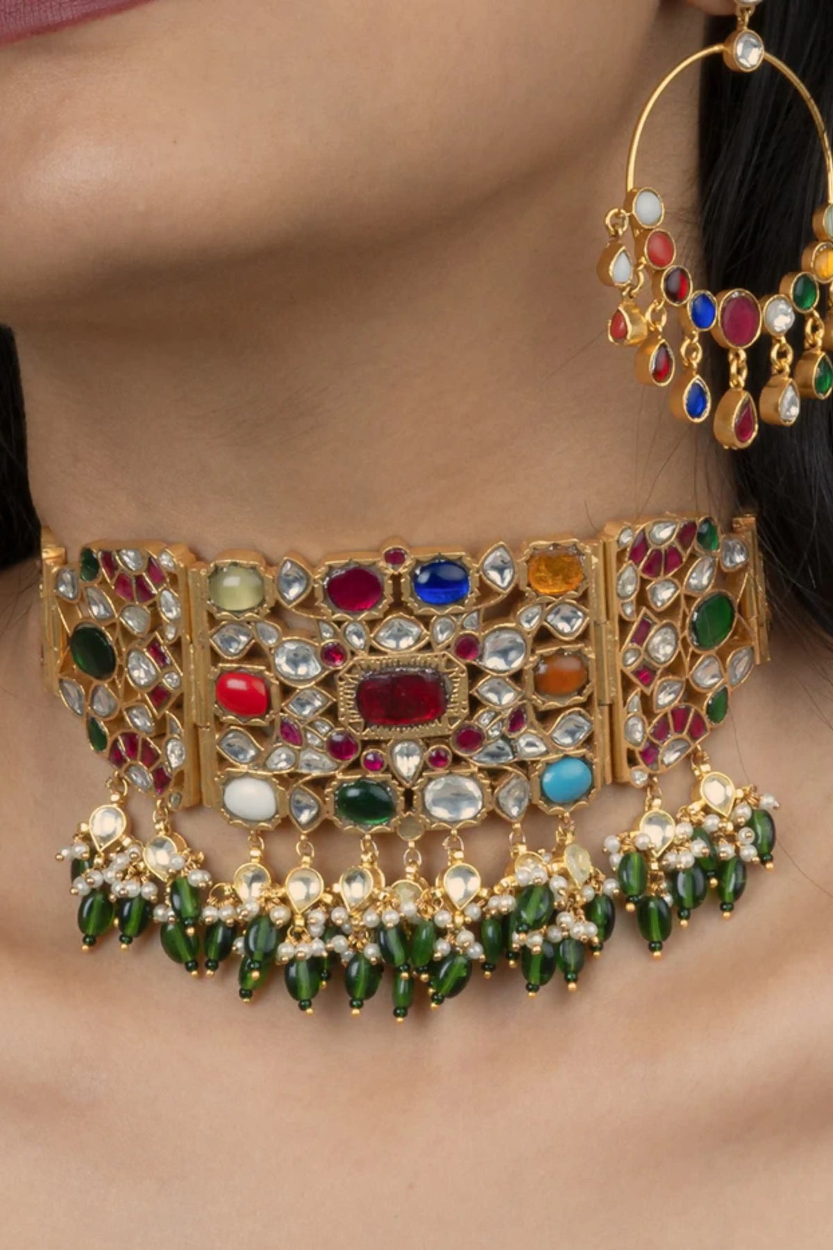 Navratna Gold Plated Jadau Kundan Necklace Set