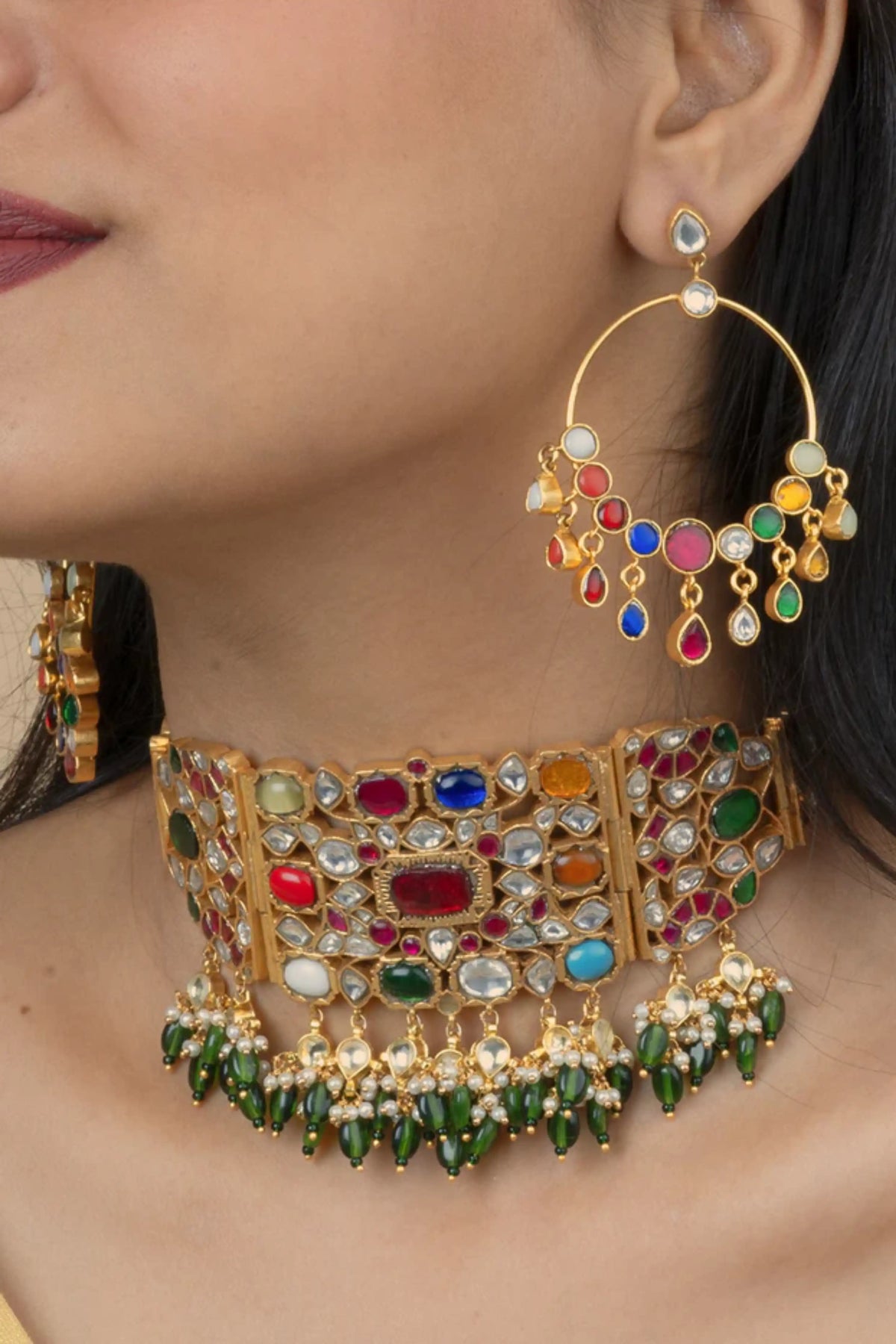 Navratna Gold Plated Jadau Kundan Necklace Set