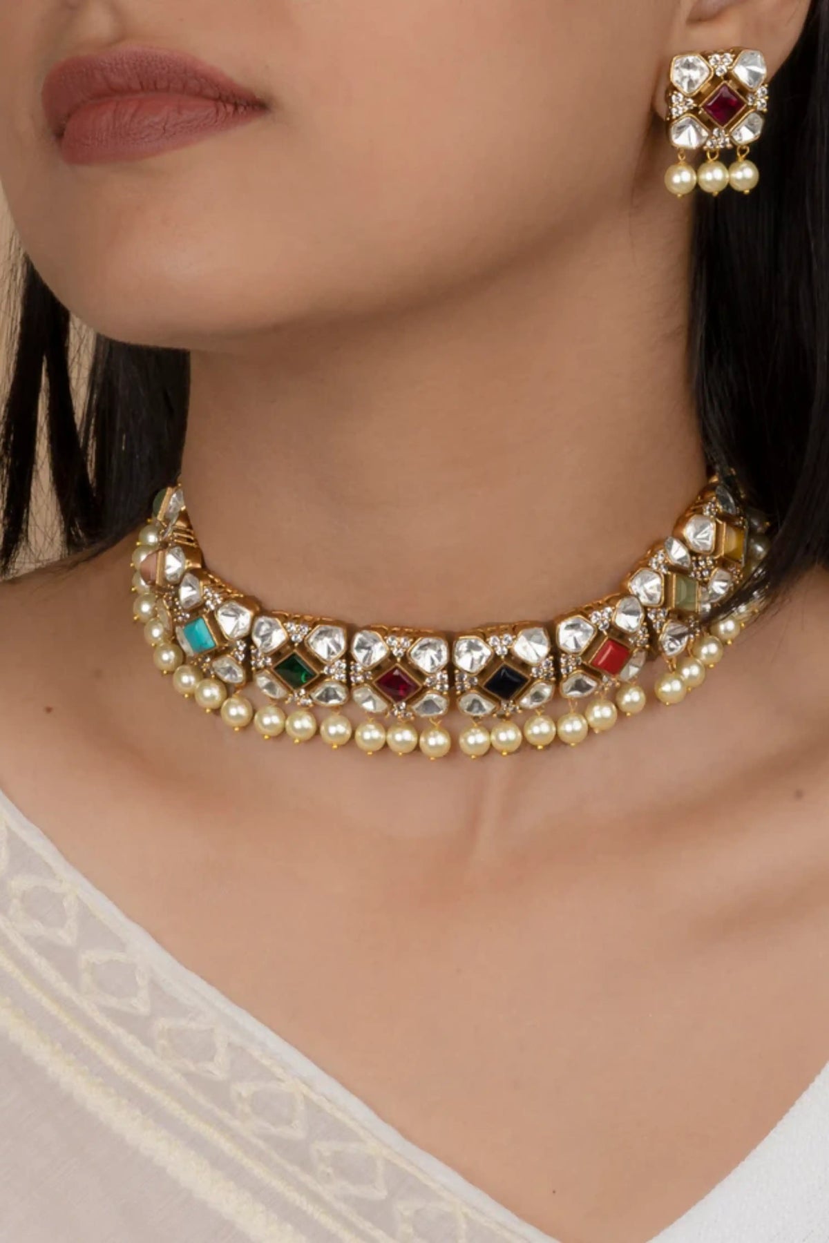 Navratna Gold Plated Moissanite Necklace Set