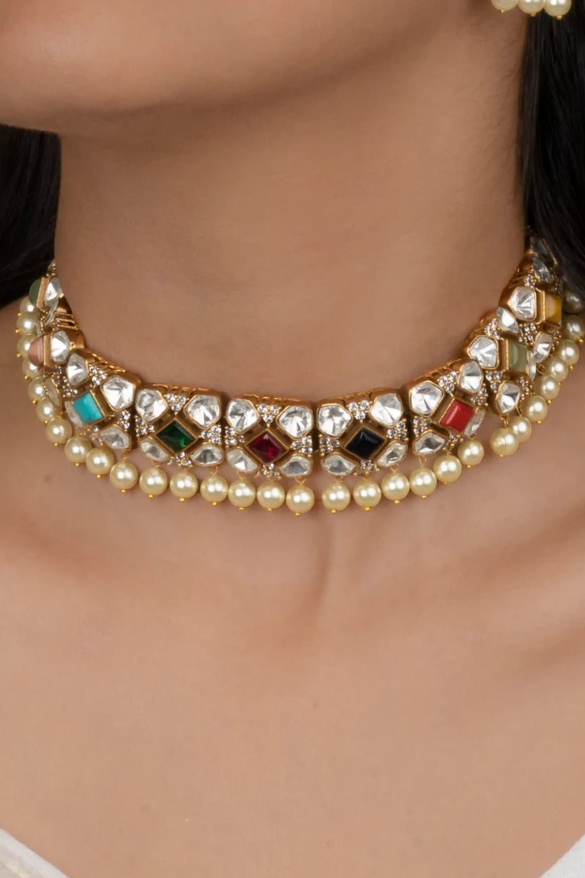 Navratna Gold Plated Moissanite Necklace Set