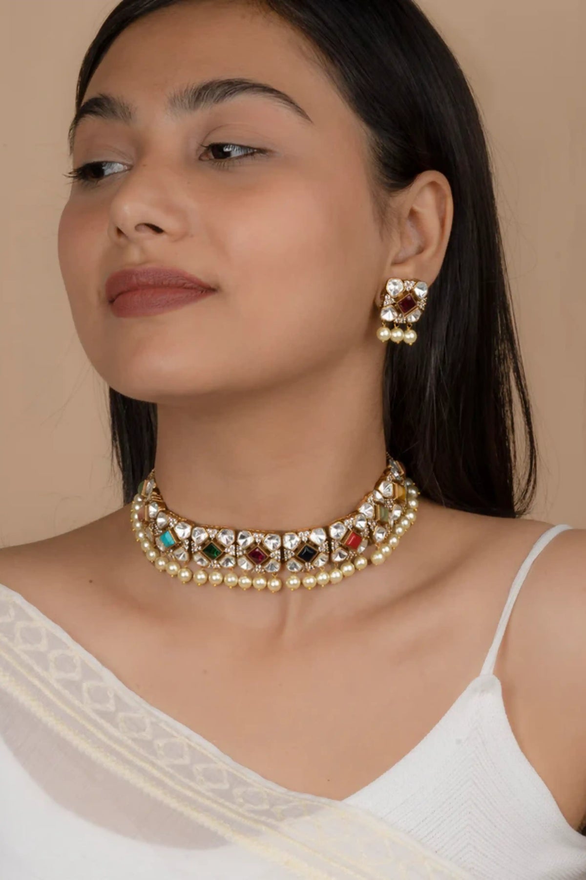 Navratna Gold Plated Moissanite Necklace Set