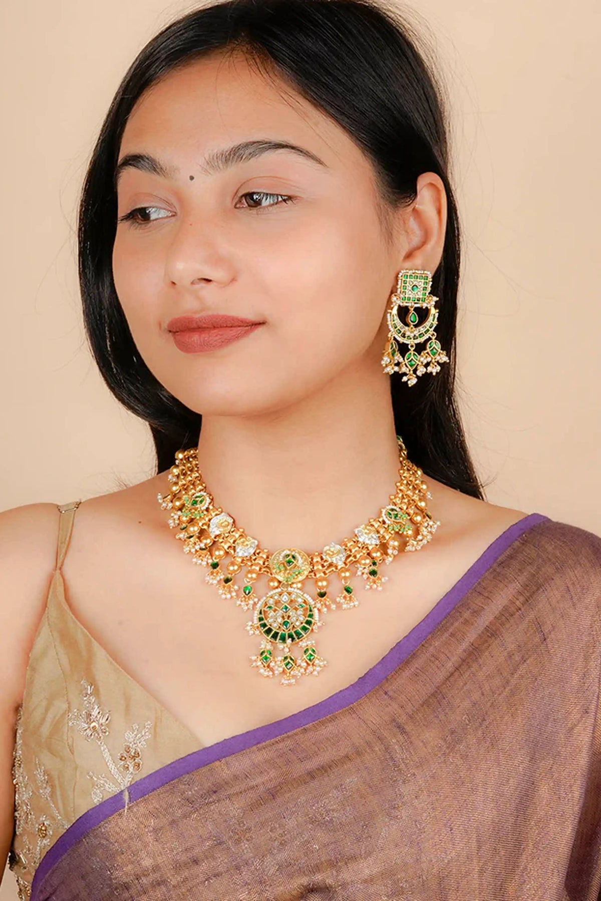 Green Color Gold Plated Mishr Necklace Set