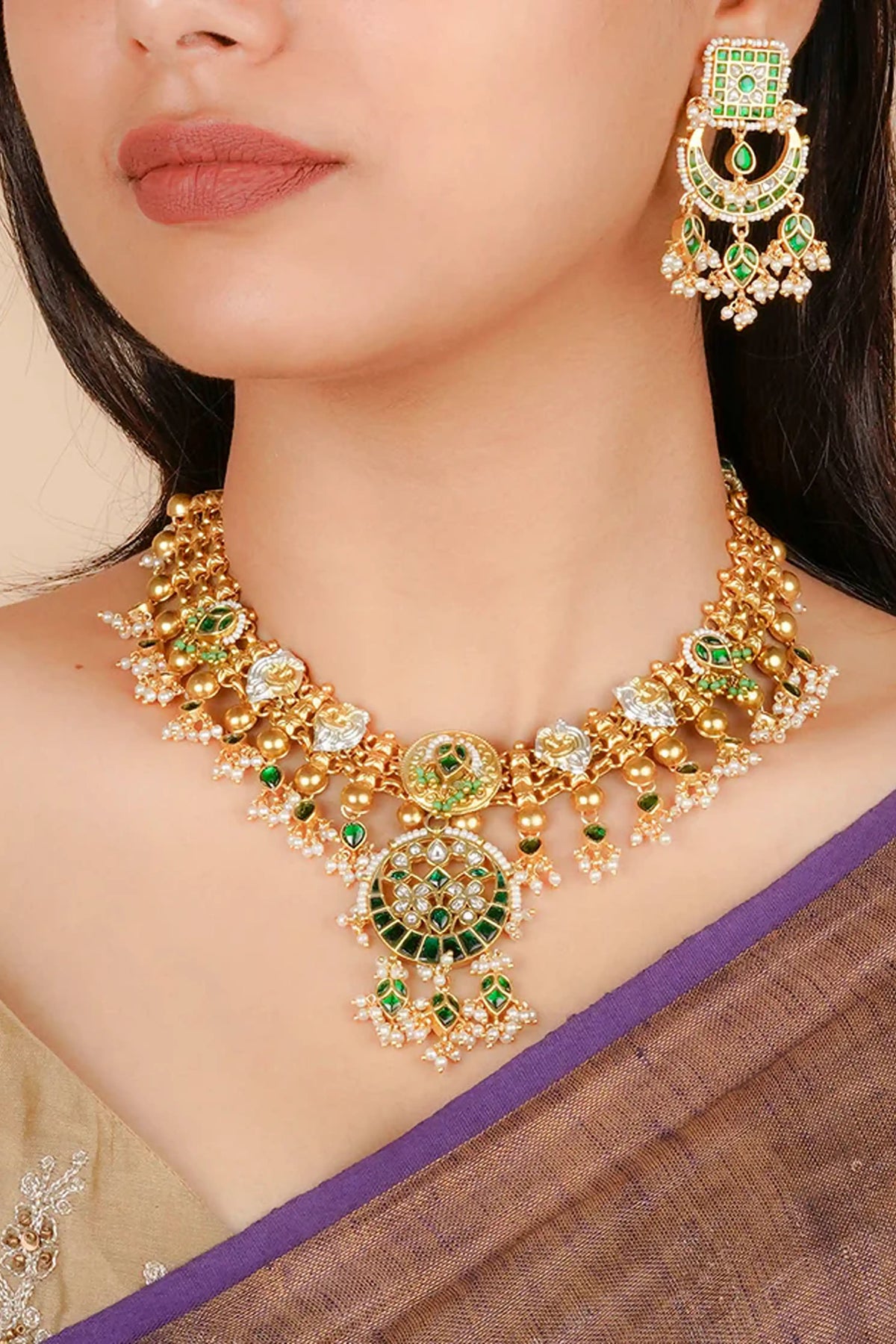 Green Color Gold Plated Mishr Necklace Set