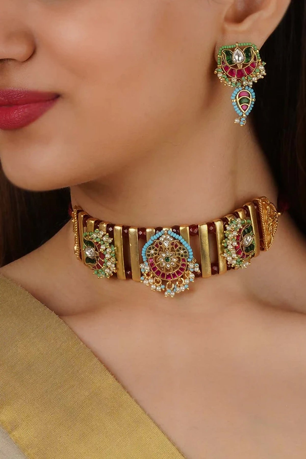 Multicolor Gold Plated Mishr Necklace Set