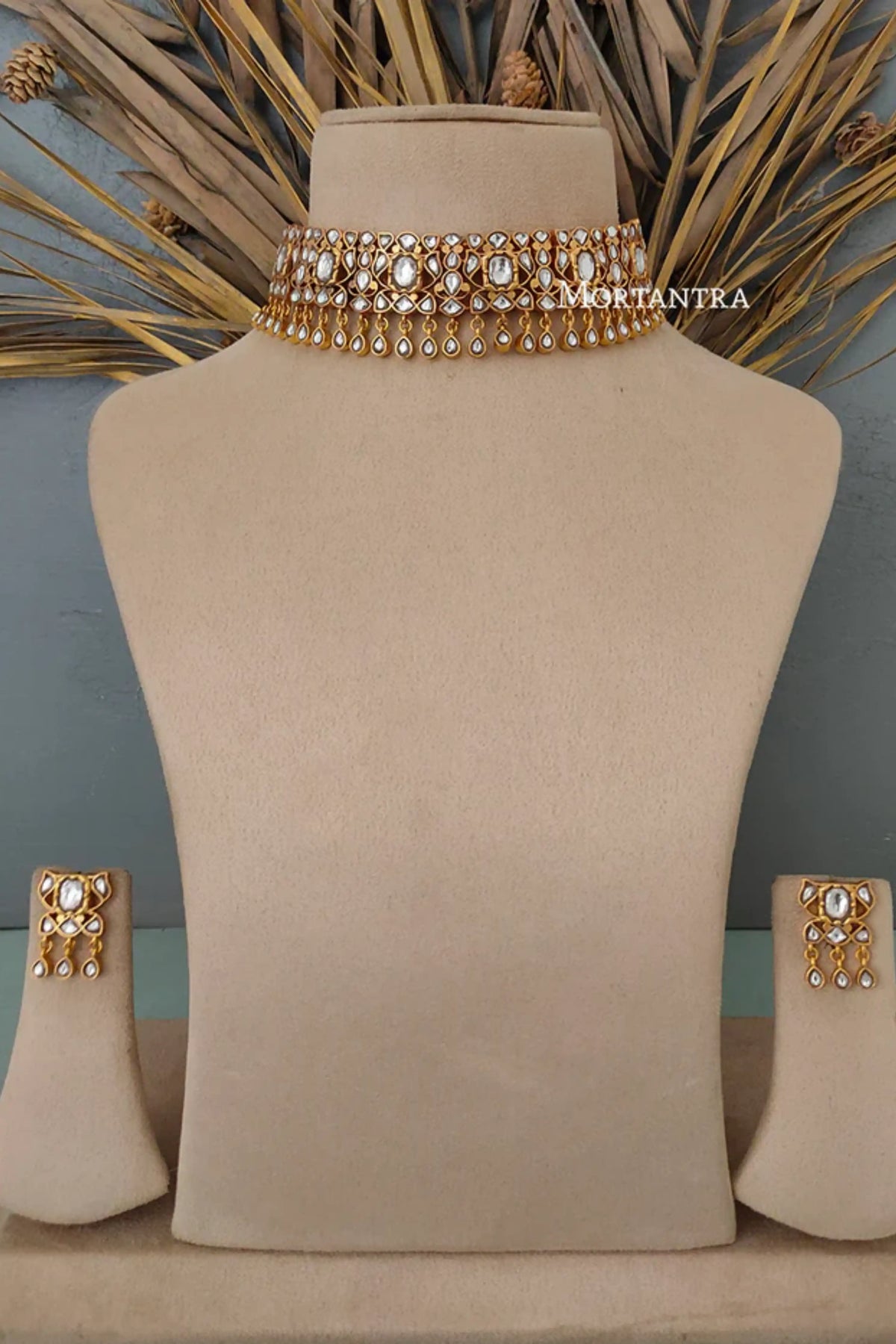White Necklace With Gold Plated Earrings