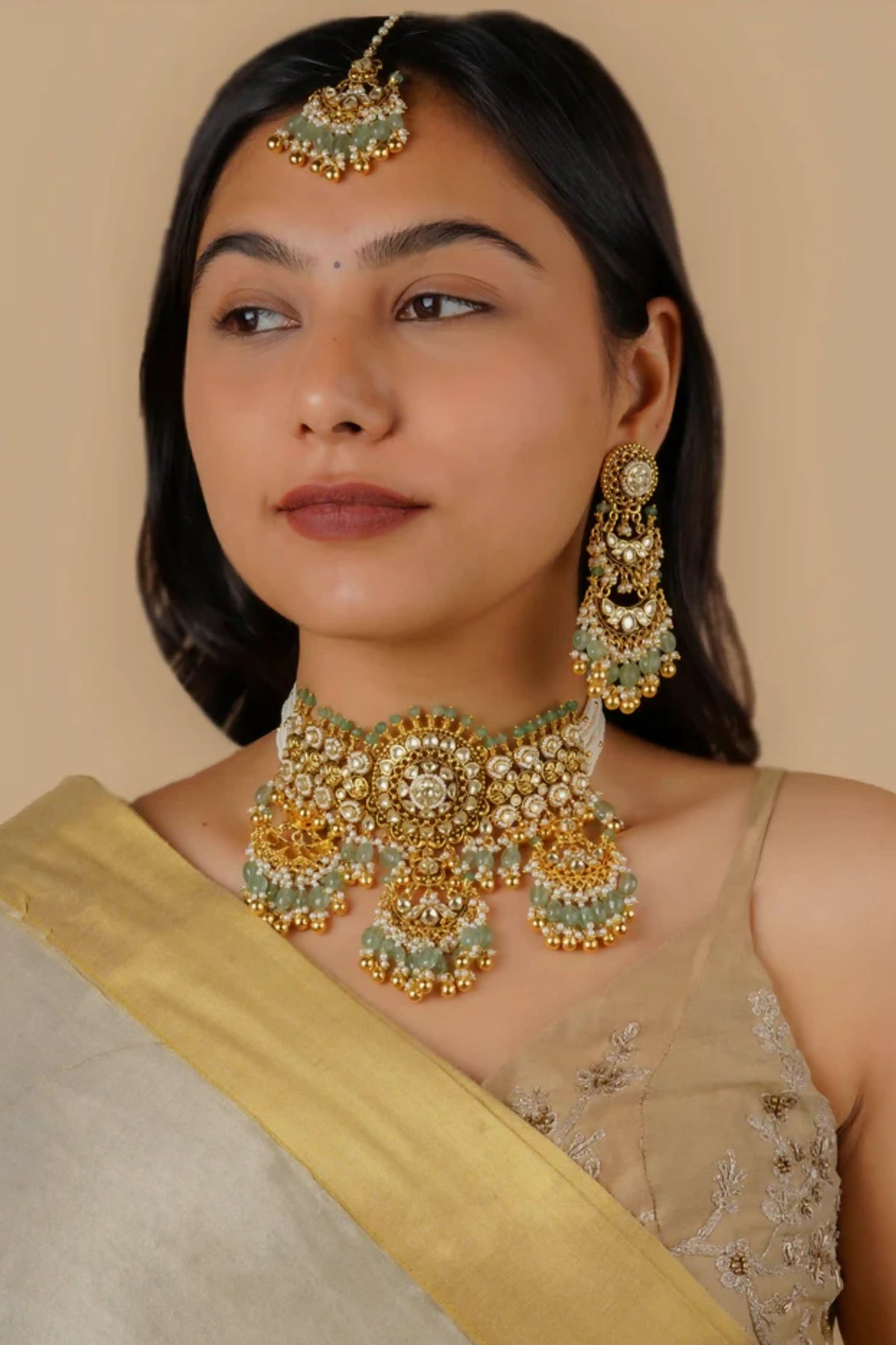 Green Gold Plated  Bridal Necklace Set
