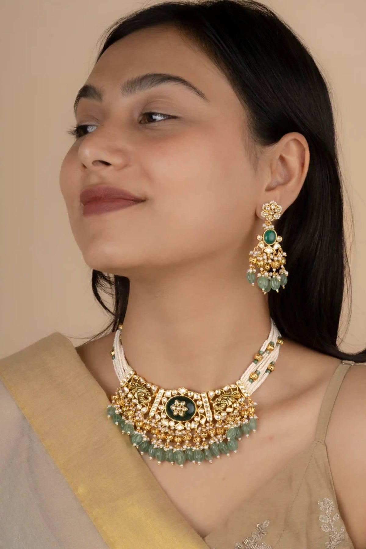 Green Color Gold Plated Jadau Kundan Necklace Set