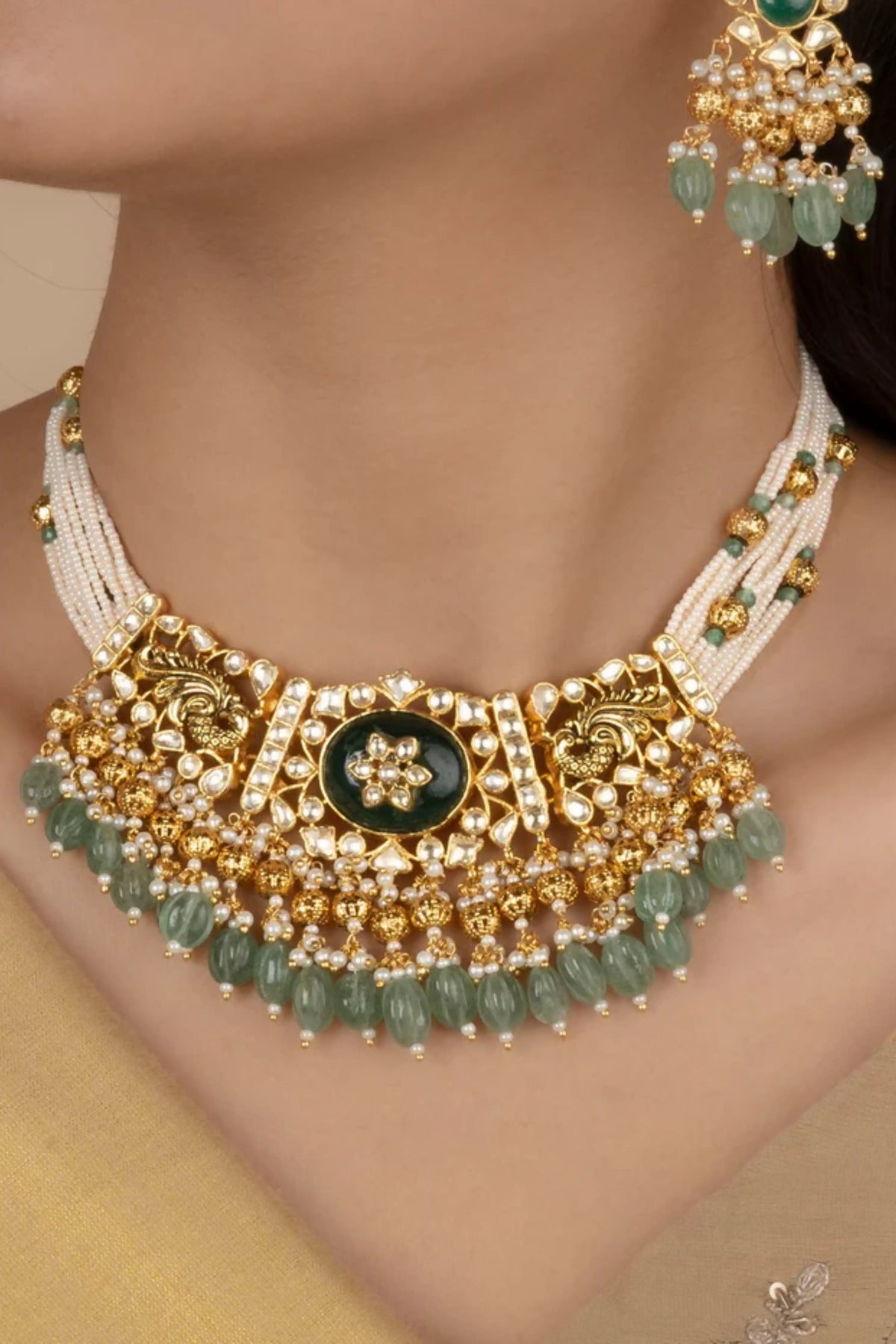 Green Color Gold Plated Jadau Kundan Necklace Set