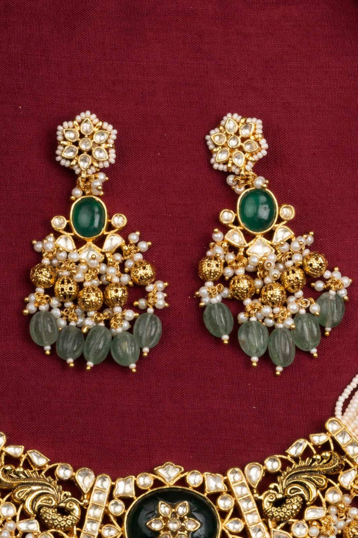 Green Color Gold Plated Jadau Kundan Necklace Set