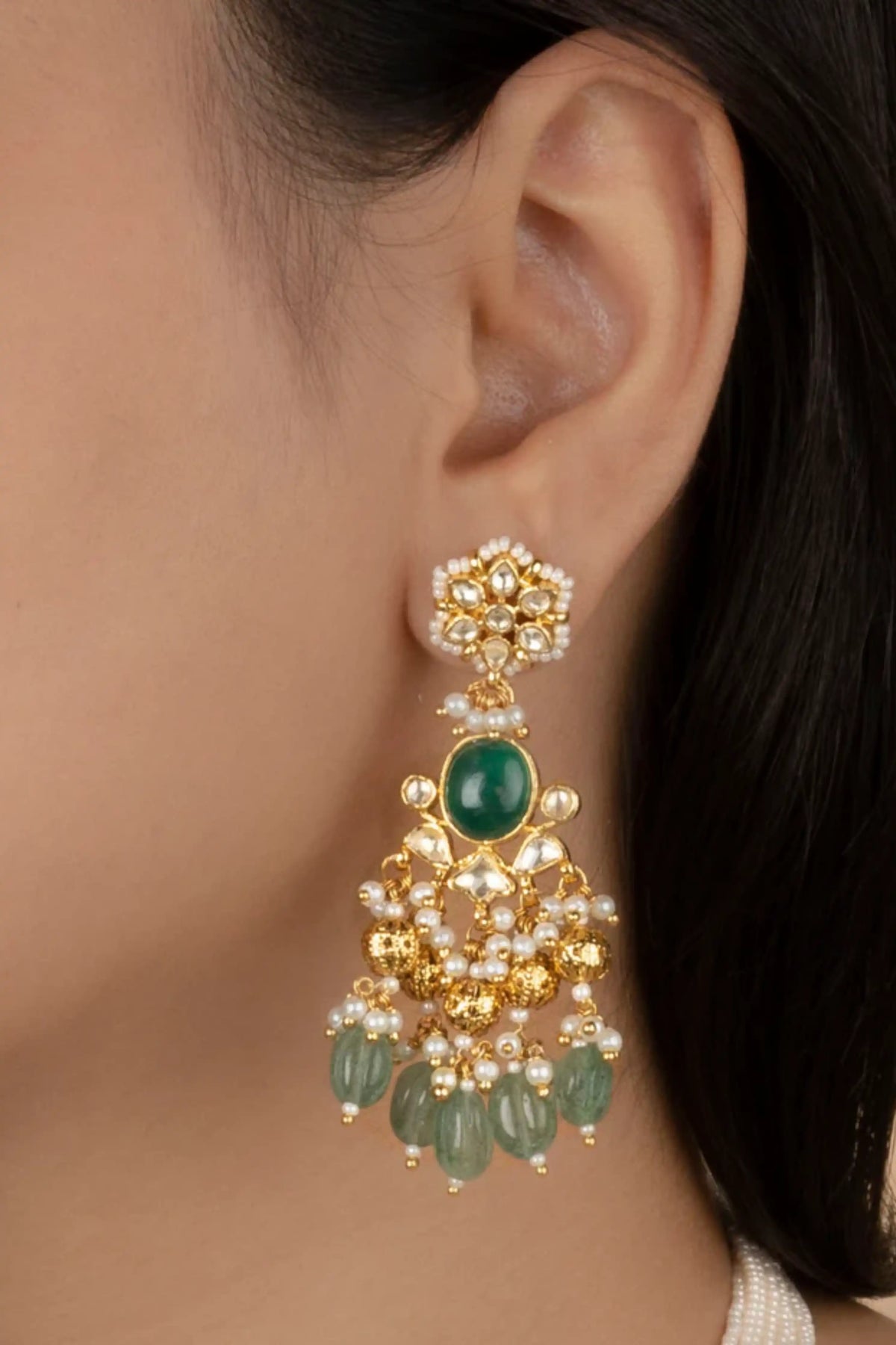 Green Color Gold Plated Jadau Kundan Necklace Set