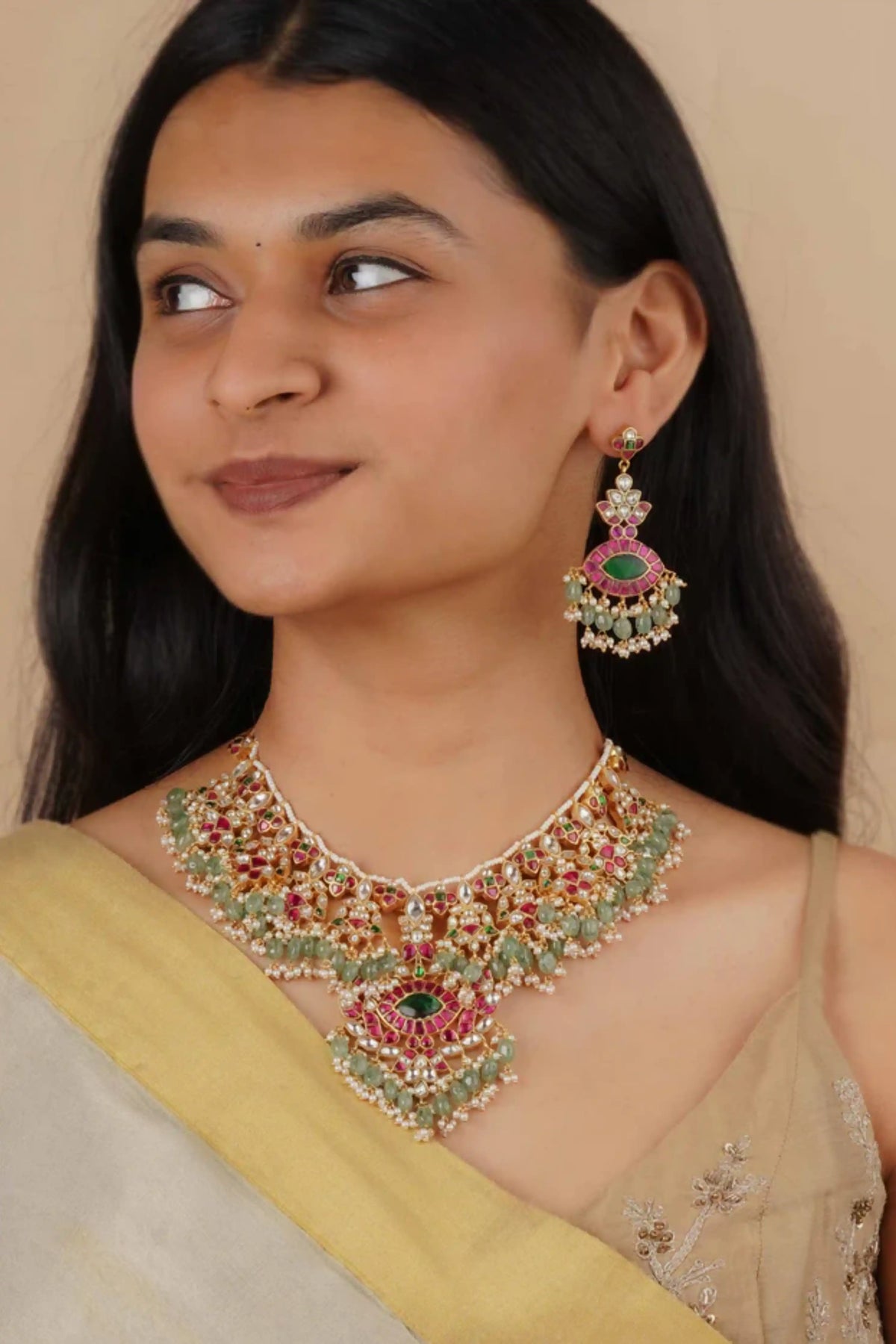 Multicolor Gold Plated Jadau Kundan Bridal Necklace Set