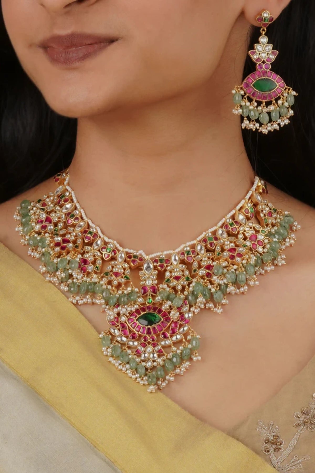 Multicolor Gold Plated Jadau Kundan Bridal Necklace Set
