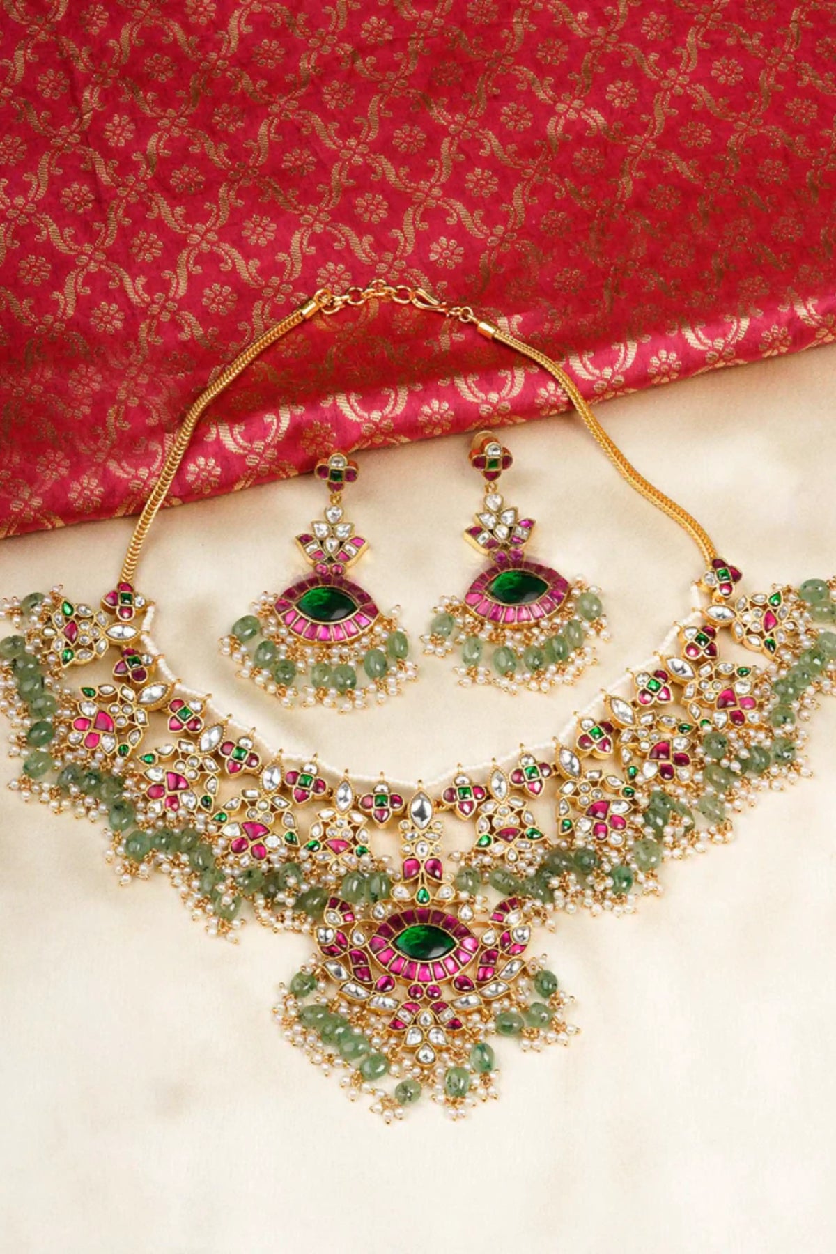 Multicolor Gold Plated Jadau Kundan Bridal Necklace Set