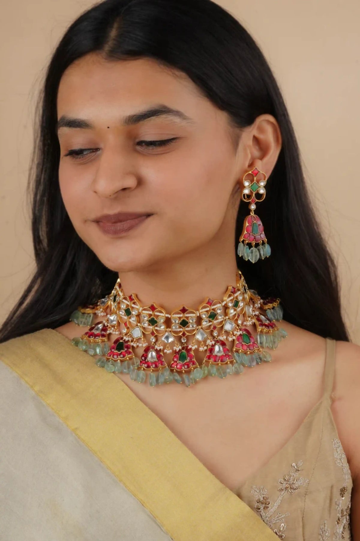 Multicolor Gold Plated Jadau Kundan Necklace Set